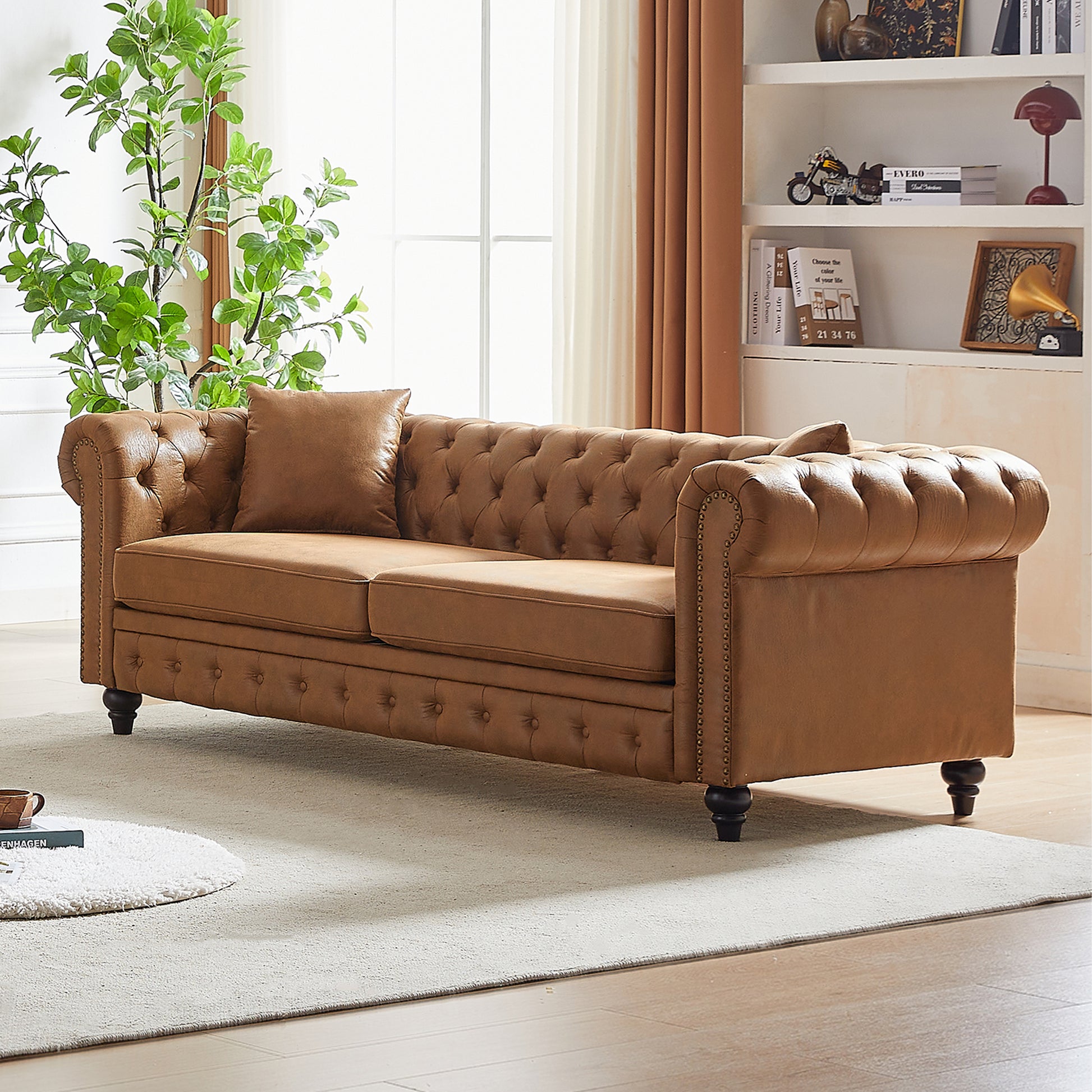 Fx 85.5"Living Room With Tech Fabric Chesterfield Sofa With Rolled Arms 3 Seater Sofa With Button Design And 2 Cushions For Apartment, Office, Living Room Brown Polyester Wood Primary Living Space Pine Foam Fabric 3 Seat