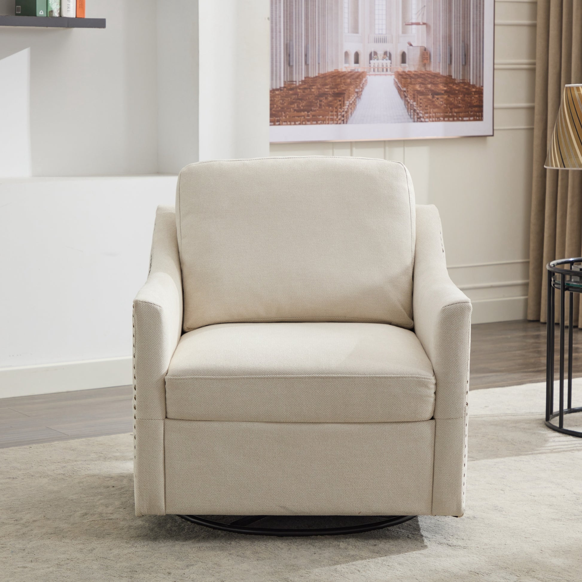 Cream White Fabric Swivel Rotating Accent Chair With Usb And Magazine Book For Living Room And Hotel Bed Room Cream White White Primary Living Space American Design,Classic,Modern Pine Foam Wood Fabric