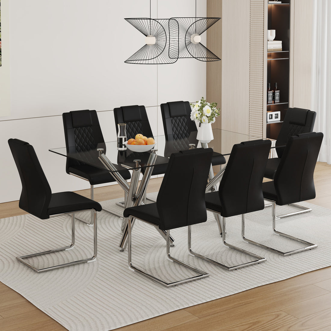 Table And Chair Set.Large Minimalist Rectangular Glass Dining Table For 6 8 With 0.39" Tempered Glass Tabletop And Silver Chrome Metal Legs.Paried With Comfortable Chairs With Pu Seats And Metal Legs. Silver Seats 8 Glass Metal