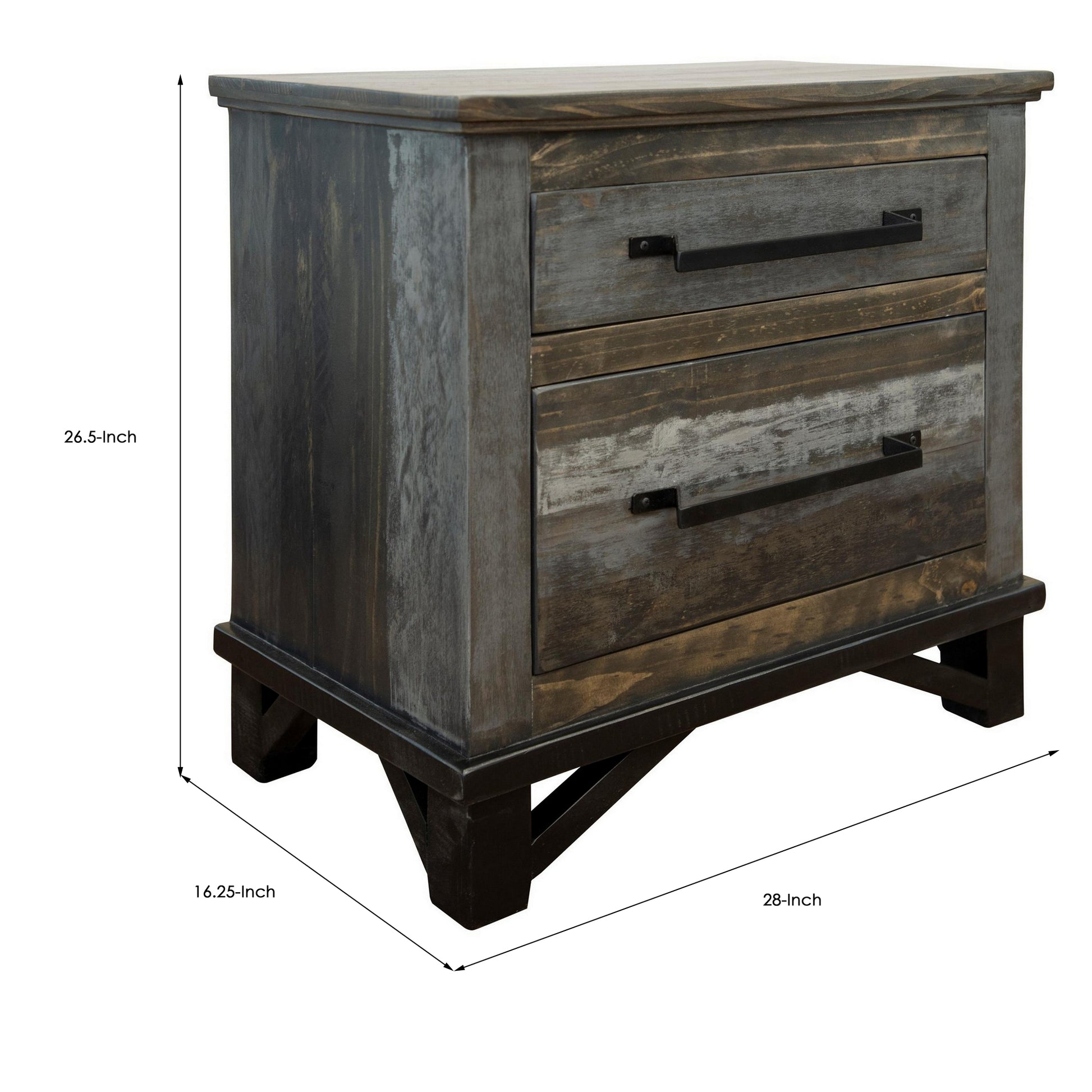 Peya 28 Inch Rustic Nightstand, 2 Drawers, Distress Gray, Brown Pine Wood Grey Brown Wood Metal