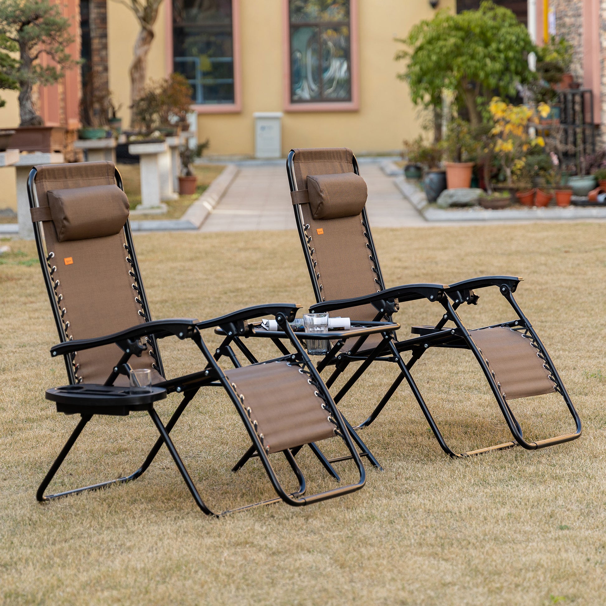Outsunny Zero Gravity Chair Set With Side Table, Folding Reclining Chair With Cupholders & Pillows, Adjustable Lounge Chair For Pool, Backyard, Lawn, Beach, Brown Brown Steel