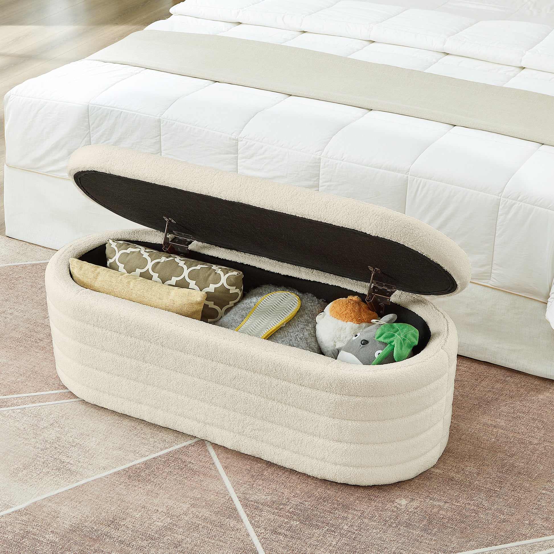 Modern Oval Storage Ottoman Bench, Upholstered Boucle Teddy Fabric End Of Bed Bench With Storage, End Of Bed Stool With Safety Hinge For Bedroom, Living Room, Entryway, Cream Cream Primary Living Space Oval Black American Design,Contemporary,Luxury,Mid