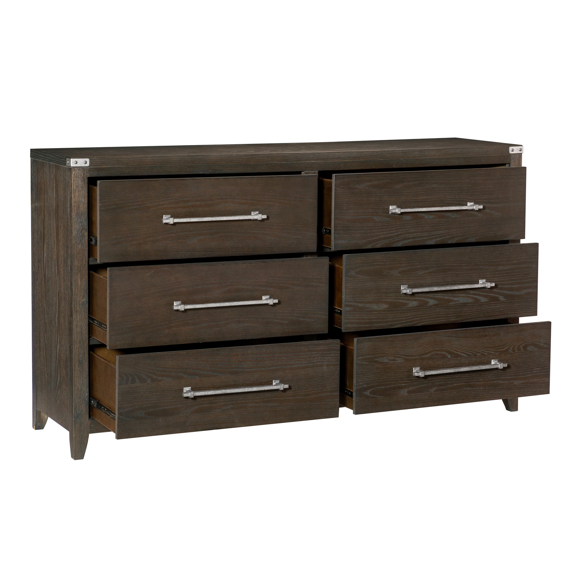 Dark Brown Finish Dresser 1Pc 6 Drawers Mottled Silver Tone Bar Pulls
