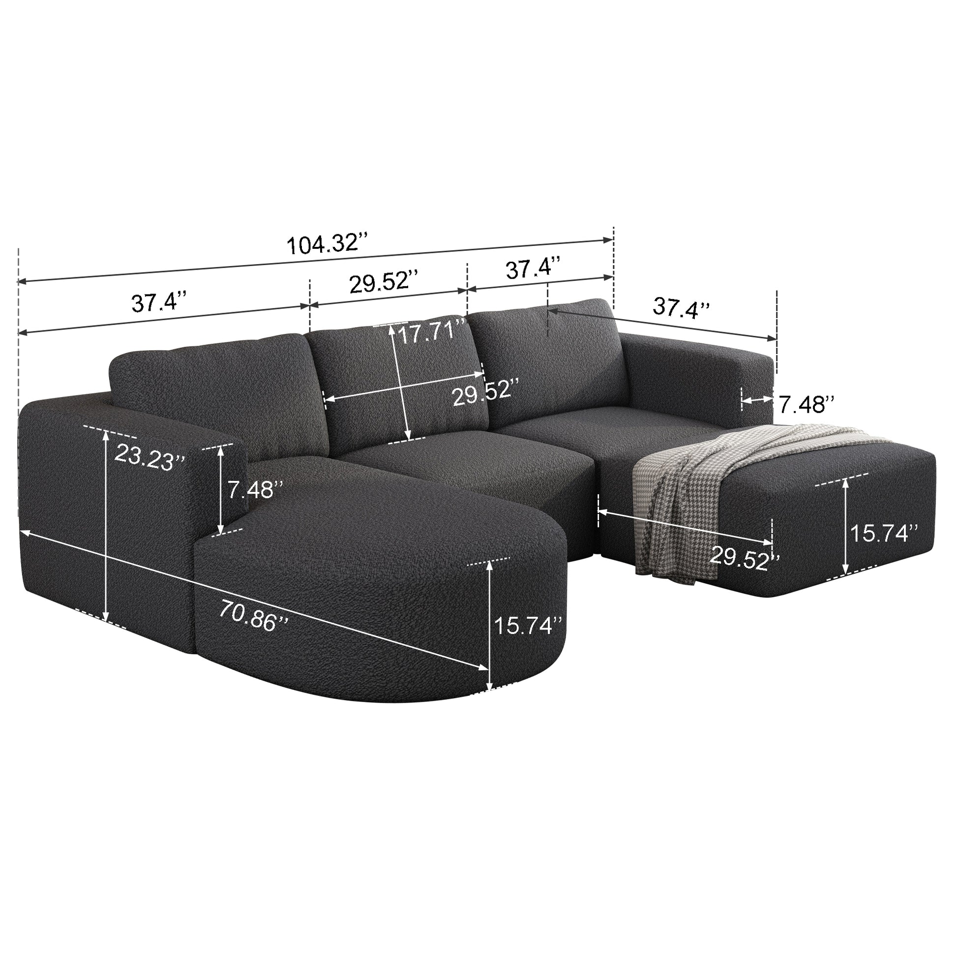 104.32*74.8 Modular Sectional Sofa Sleeper Couch, Sectional Sofa With Chaise And Ottoman, Convertible U Shaped Modular Sofa Set. Compressed Sponge, Dark Grey. Combo 2A 2B 2D Dark Grey Primary Living Space Soft Minimalist,Modern Foam Spring 6 Seat