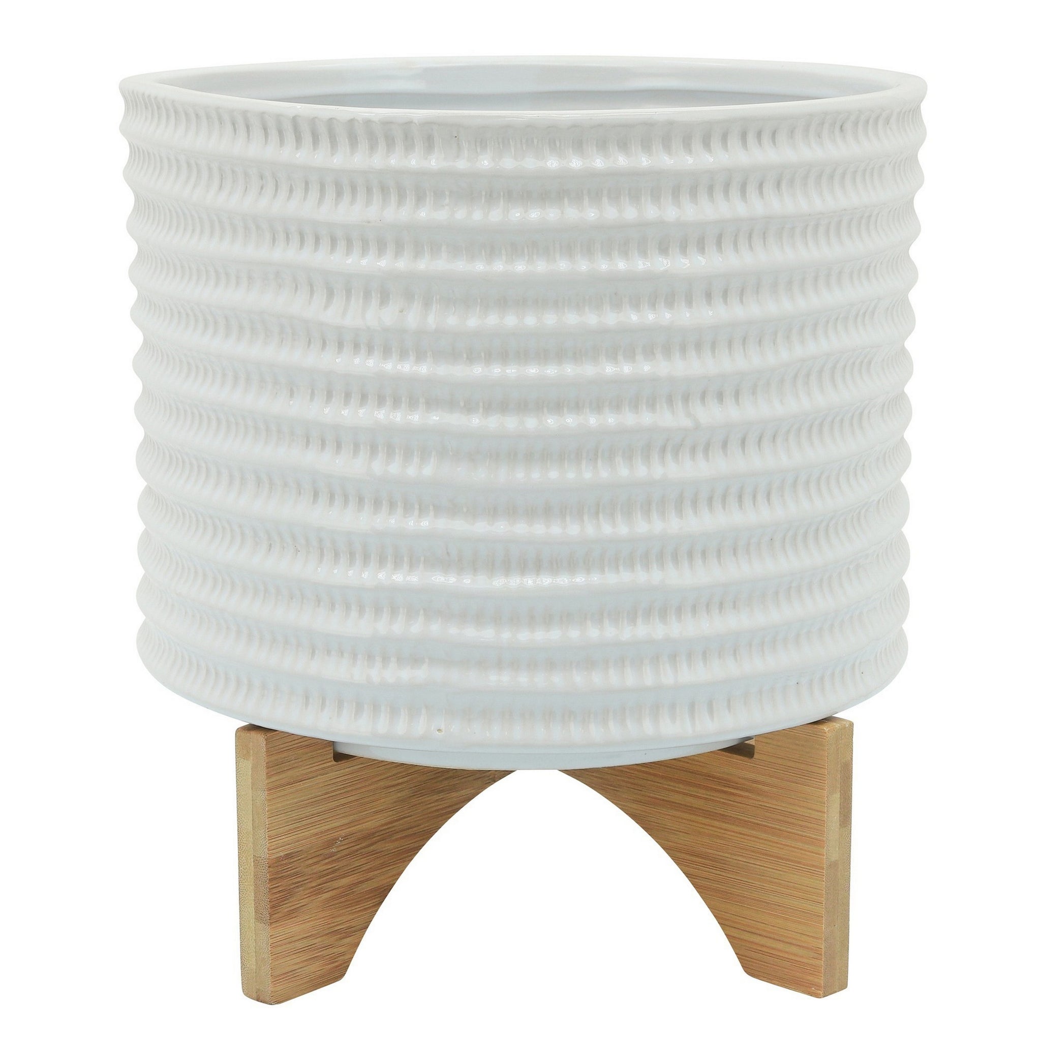 Ceramic Planter With Textured Pattern And Wooden Stand, White White Ceramic