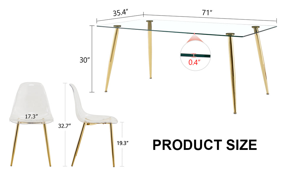 Table And Chair Set.Modern Rectangular Glass Dining Table With Tempered Glass Countertop And Golden Metal Legs, Paired With Multiple Transparent High Quality Pet Dining Chairs With Golden Legs. Gold Seats 6 Tempered Glass