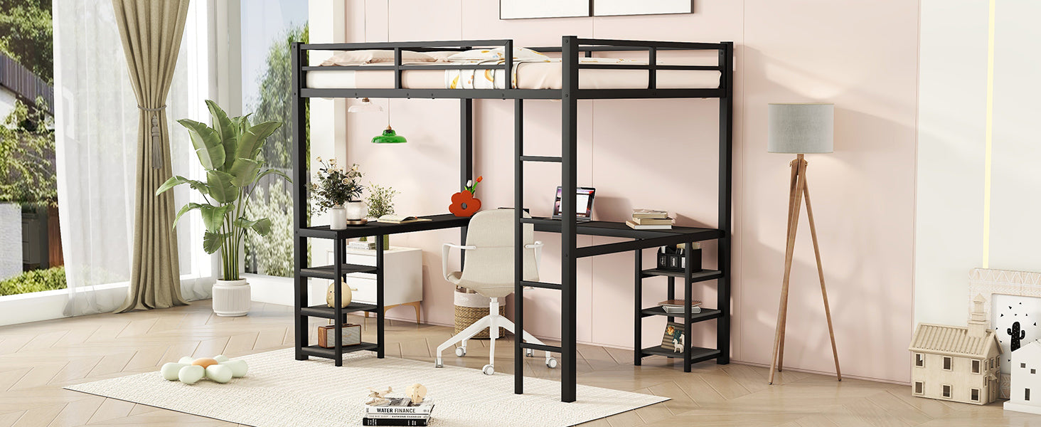 Full Metal Loft Bed With Desk And Shelves, Loft Bed With Ladder And Guardrails, Loft Bed Frame For Bedroom, Black With Black Desk Full Black Metal