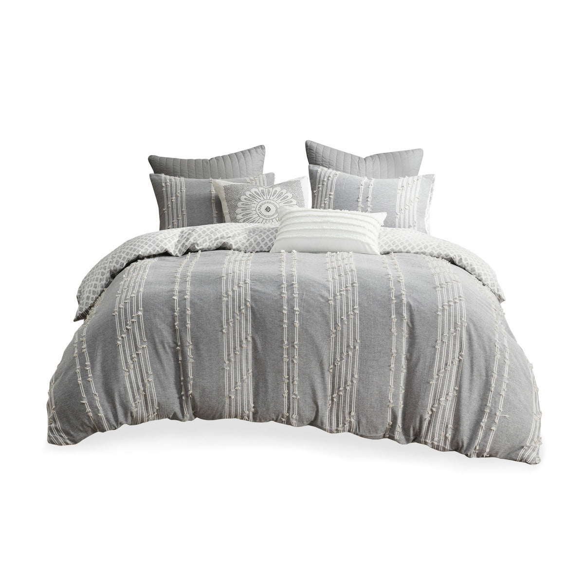 3 Piece Cotton Jacquard Duvet Cover Set King Gray Cotton