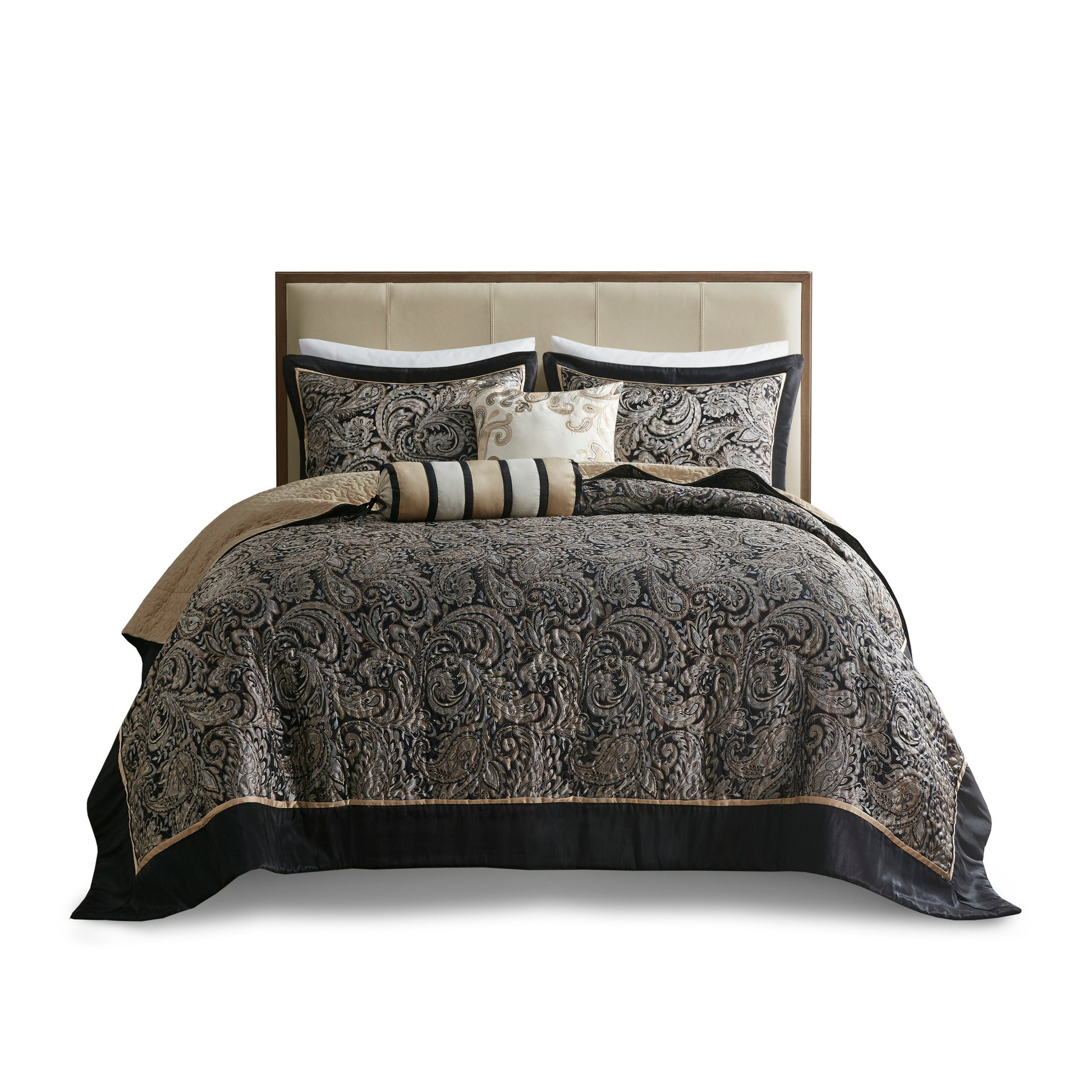 5 Piece Jacquard Bedspread Set With Throw Pillows Black King King Black Cotton