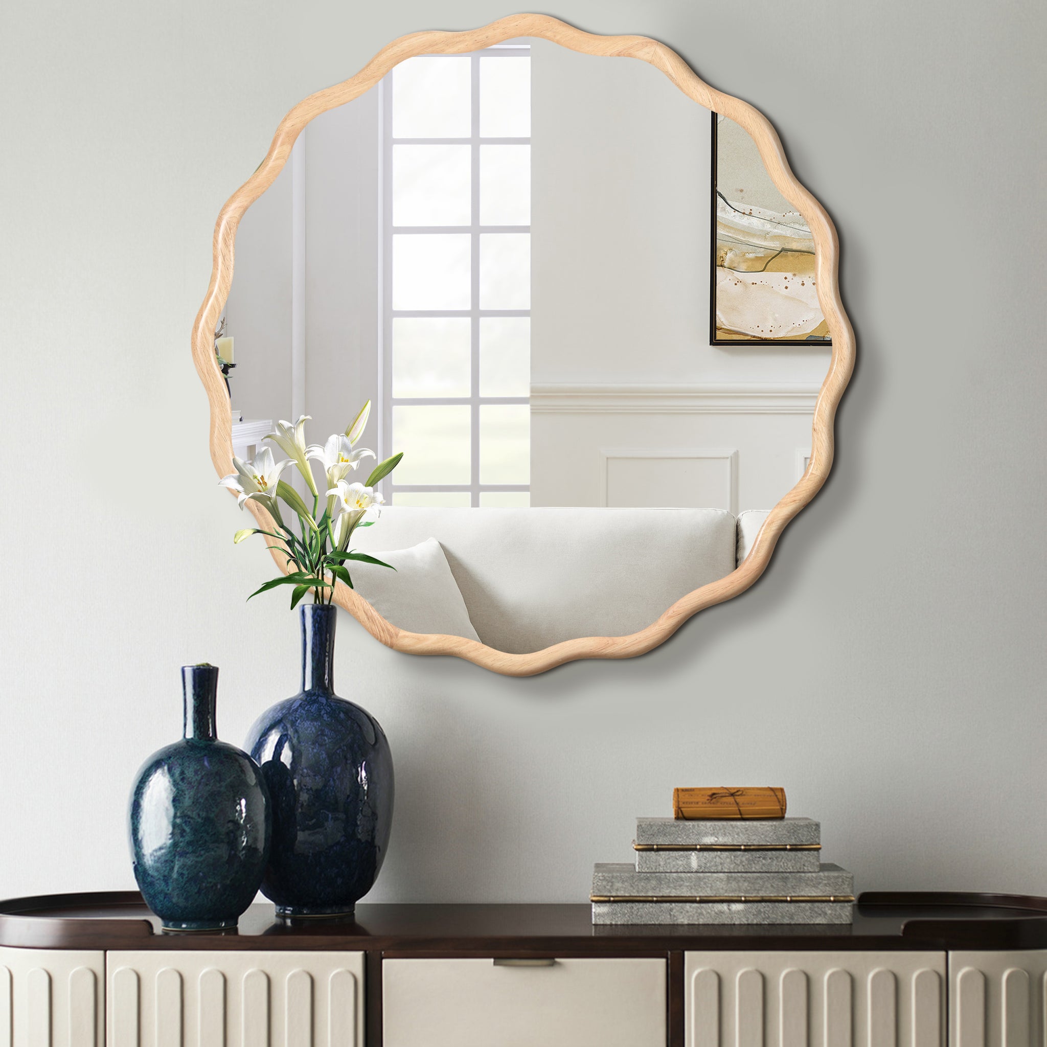 Solid Wood Wavy Mirror Natural Wood Vanity Mirror Wall Decor 36" X 36" Modern Mirror Wall Decor For Bathroom, Bedroom, Living Room, Dining Room, Cloakroom, Entryway Natural Wood Glass Solid Wood