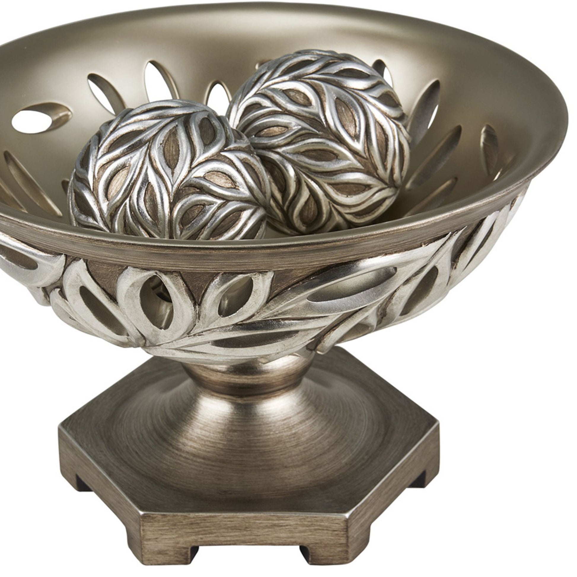 12.75" Long Polyresin Decorative Bowl "Kiara", Silver Peacock Feathers Design Silver Polyresin