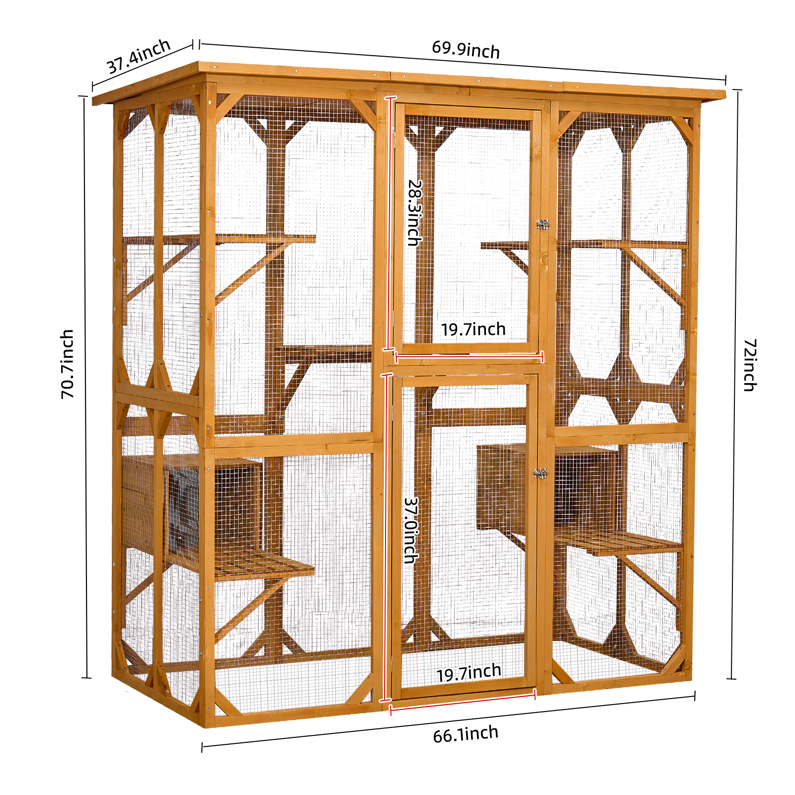 Catio Outdoor Cat Enclosure With Roof 72" Height Cat Wooden House Large Cat Cage With 3 Jumping Platforms And 2 Napping Houses For Cat Activity Yellow Yellow Wood