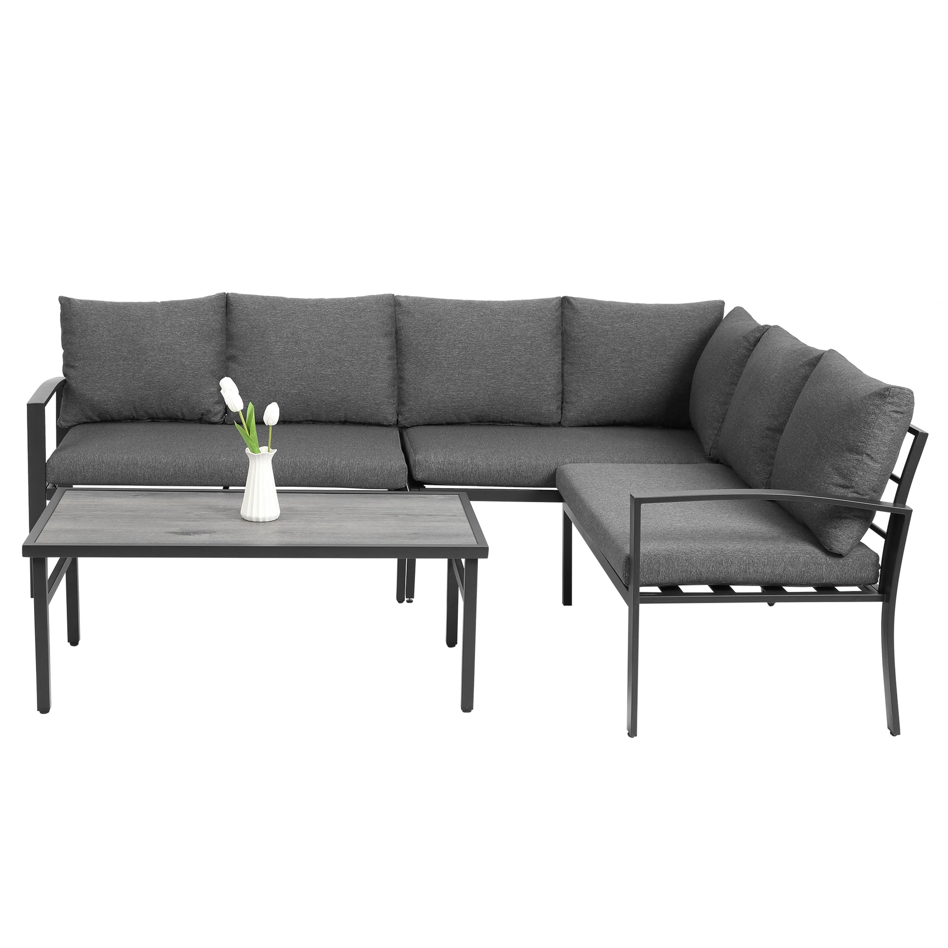 Grand Patio 4 Piece Patio Furniture Set, All Weather Outdoor Conversation Set Sectional Sofa With Water Resistant Beige Thick Cushions And Coffee Table Dark Gray Cotton Steel