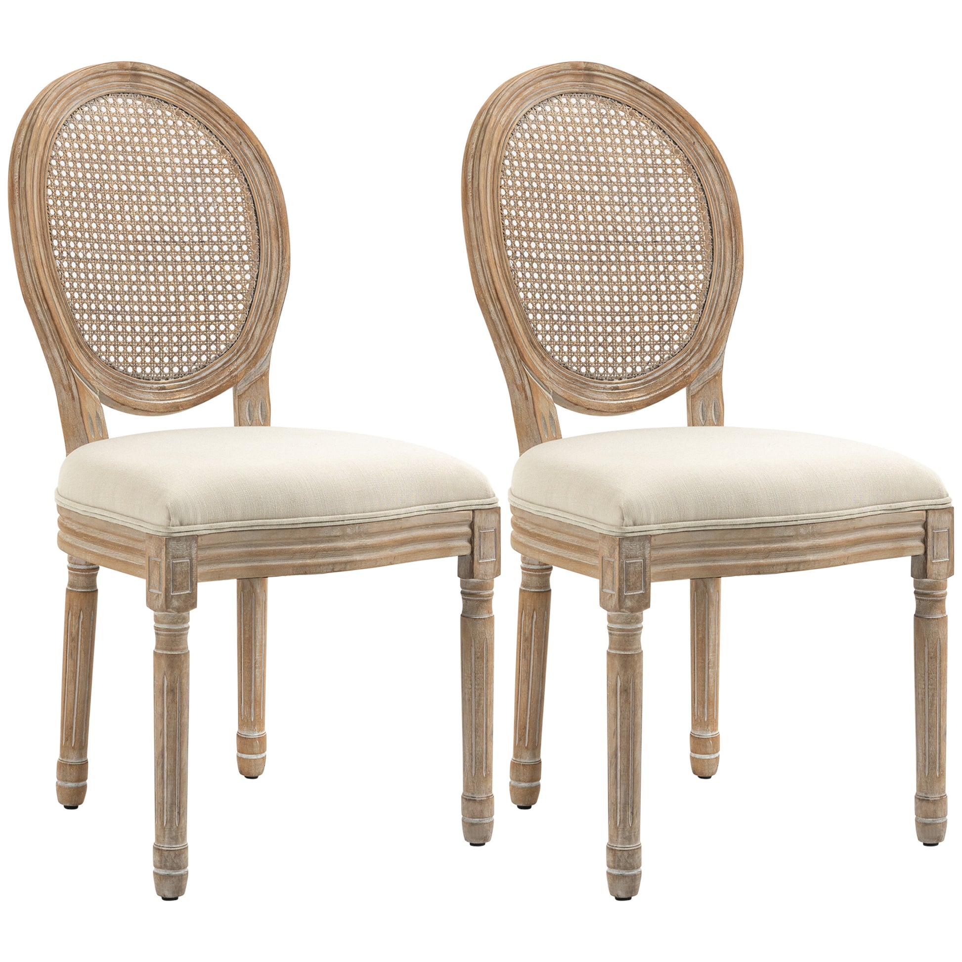 Homcom French Style Upholstered Dining Chair Set, Armless Accent Side Chairs With Rattan Backrest And Linen Touch Upholstery, Set Of 2, Cream White Cream White Polyester