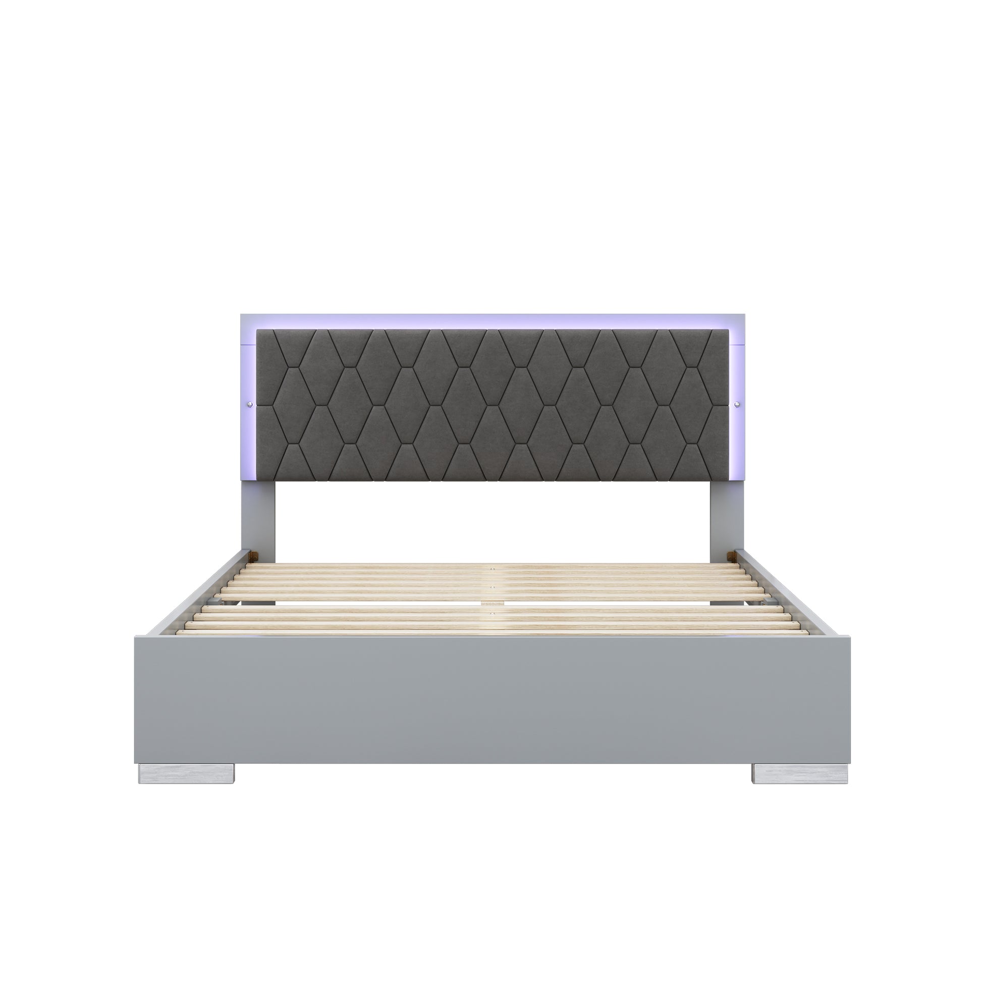 Queen Size Upholstered Bed With Led Lights,Modern Platform Bed With Velvet Headboard,Grey Queen Grey Mdf