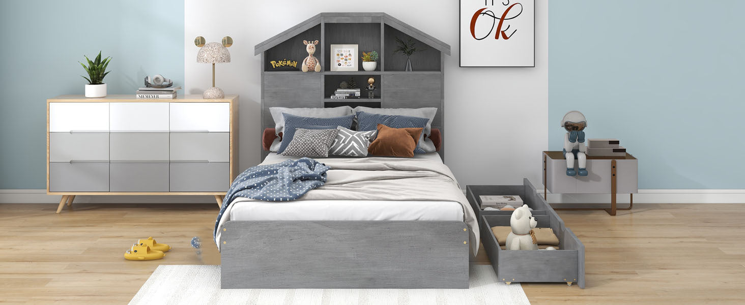 Twin Size Wood Platform Bed With House Shaped Storage Headboard And 2 Drawers, Gray Box Spring Not Required Twin Gray Wood Bedroom Solid Wood Mdf