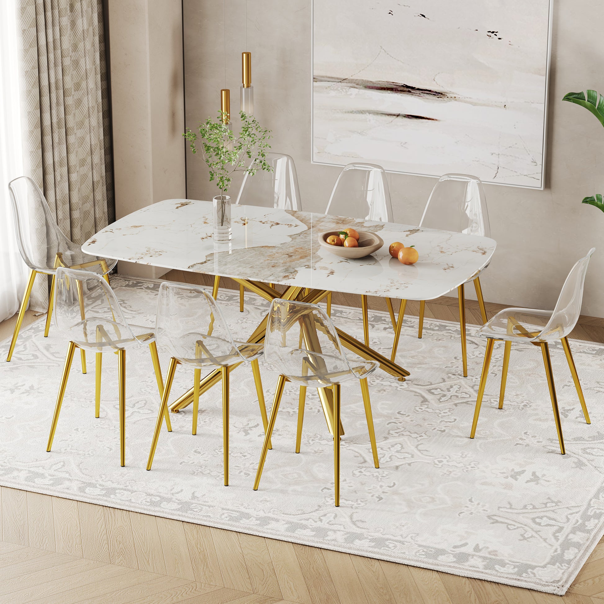 Table And Chair Luxurious White Marble Patterned Tempered G