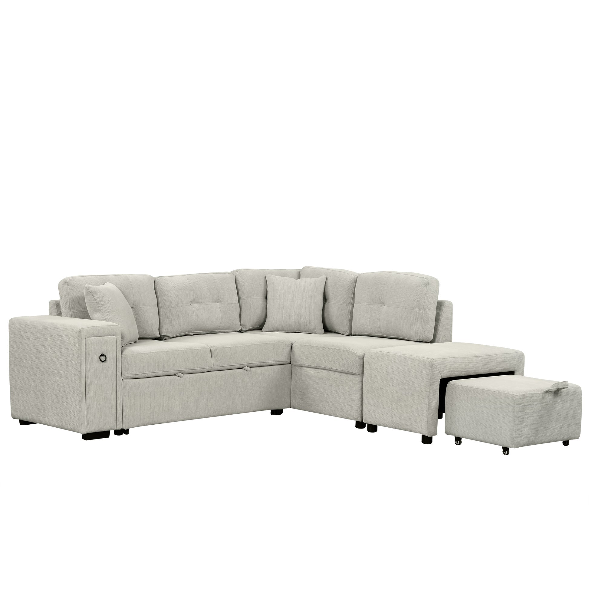 86.6" Sectional Sofa L Shaped Sofa Couch Pull Out Sofa Bed With A Movable Ottoman, Two Usb Ports And Two Cup Holders For Living Room, Gray Grey Foam Chenille 4 Seat