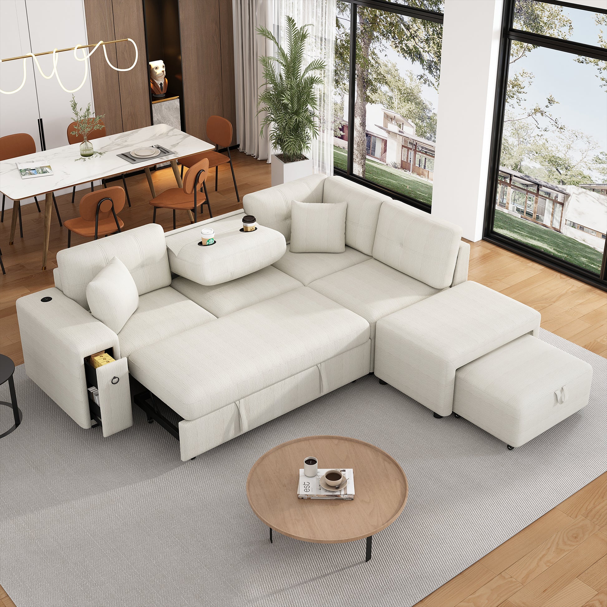 86.6" Sectional Sofa L Shaped Sofa Couch Pull Out Sofa Bed With A Movable Ottoman, Two Usb Ports And Two Cup Holders For Living Room, Beige Beige Foam Chenille 4 Seat