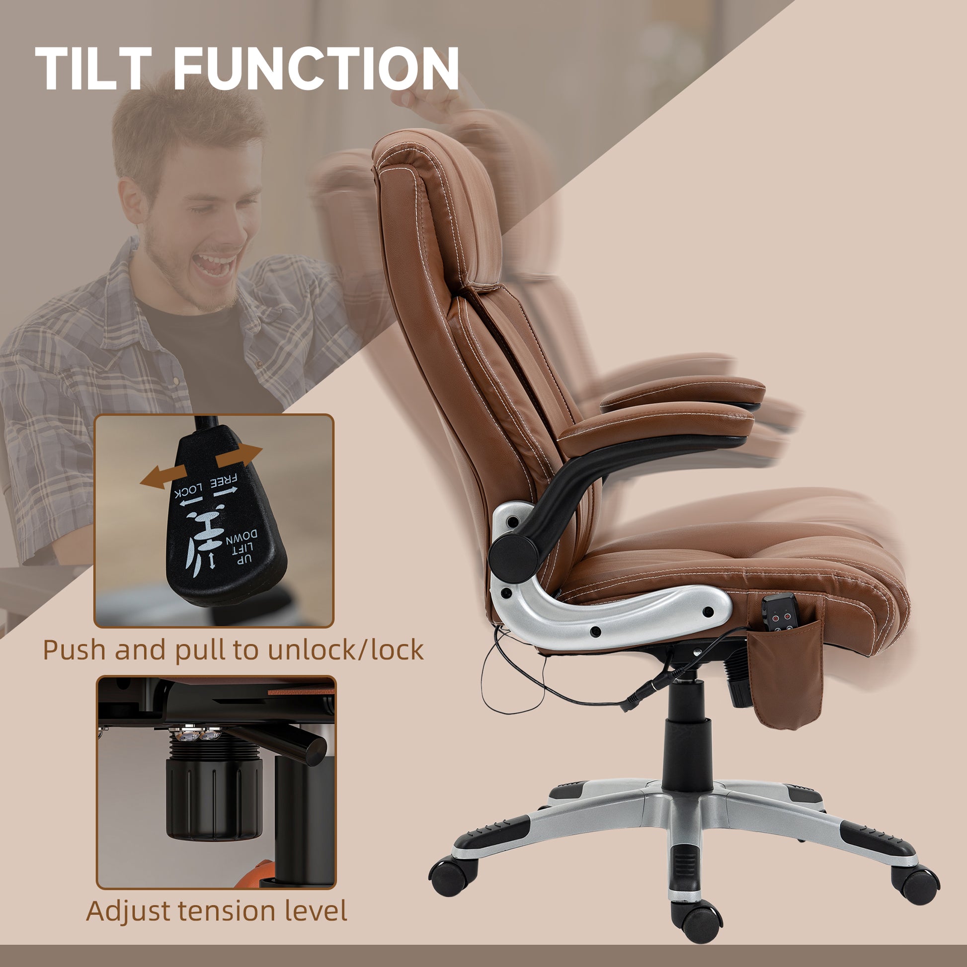 Vinsetto Executive Massage Office Chair With 6 Vibration Points, Heated Faux Leather Computer Desk Chair With Flip Up Armrest, Adjustable Height, Swivel Wheel, Brown Brown Leather