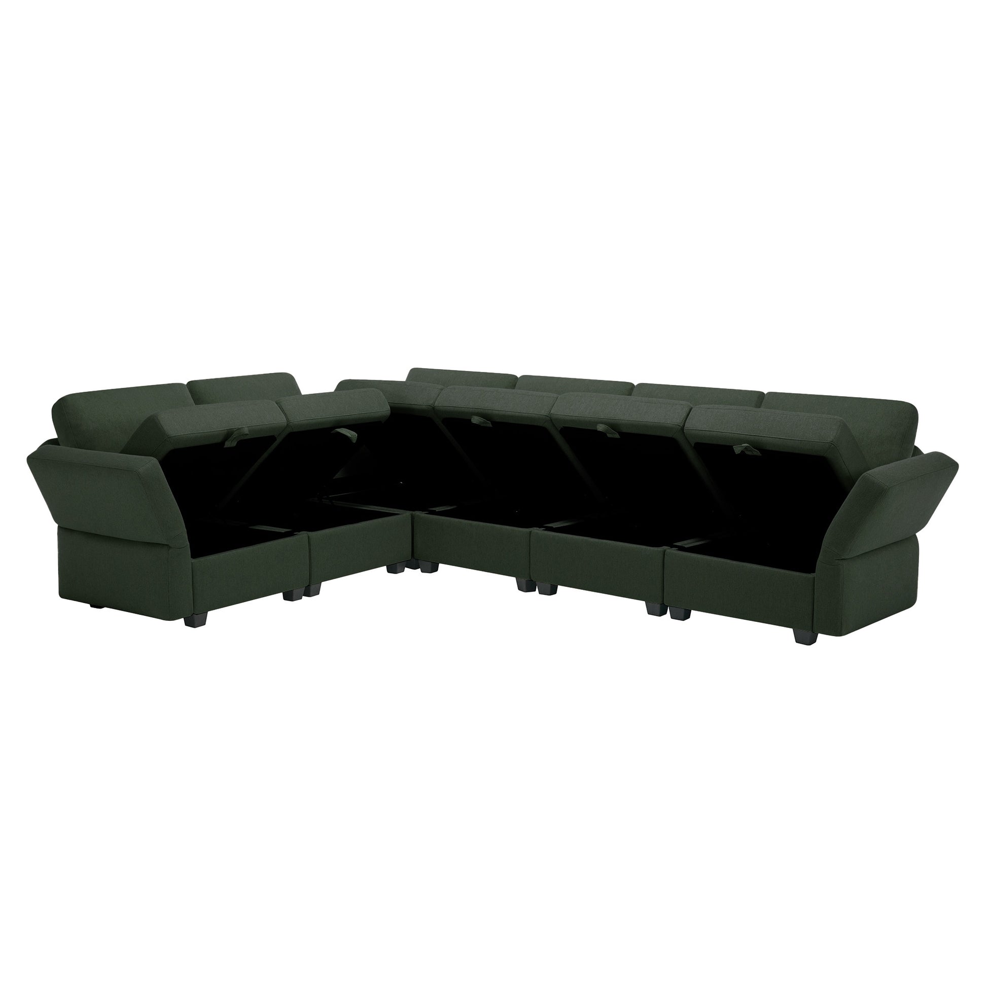 L Shaped Modular Sectional Corner Sofa Couch, 6 Seat Modular Sectional Sofa With Chaise For Living Room, Adjustable Arms And Backs Green Green Polyester 6 Seat