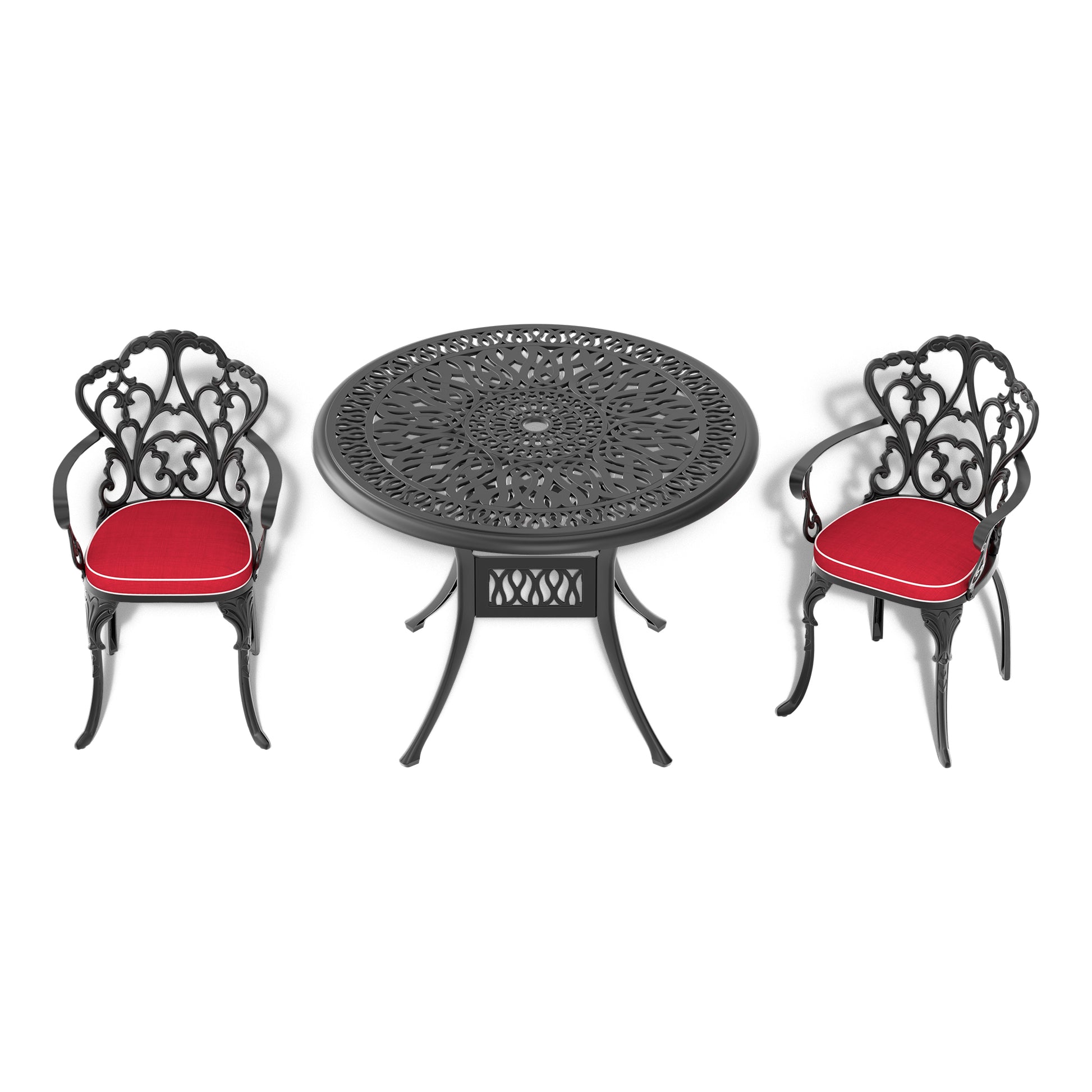 Cushions In Random Colors 3 Piece Set Of Cast Aluminum Patio Furniture With Cushions Yes Dining Set Black Seats 2 Rust Resistant Frame Water Resistant Cushion Garden & Outdoor Complete Patio Sets Aluminium