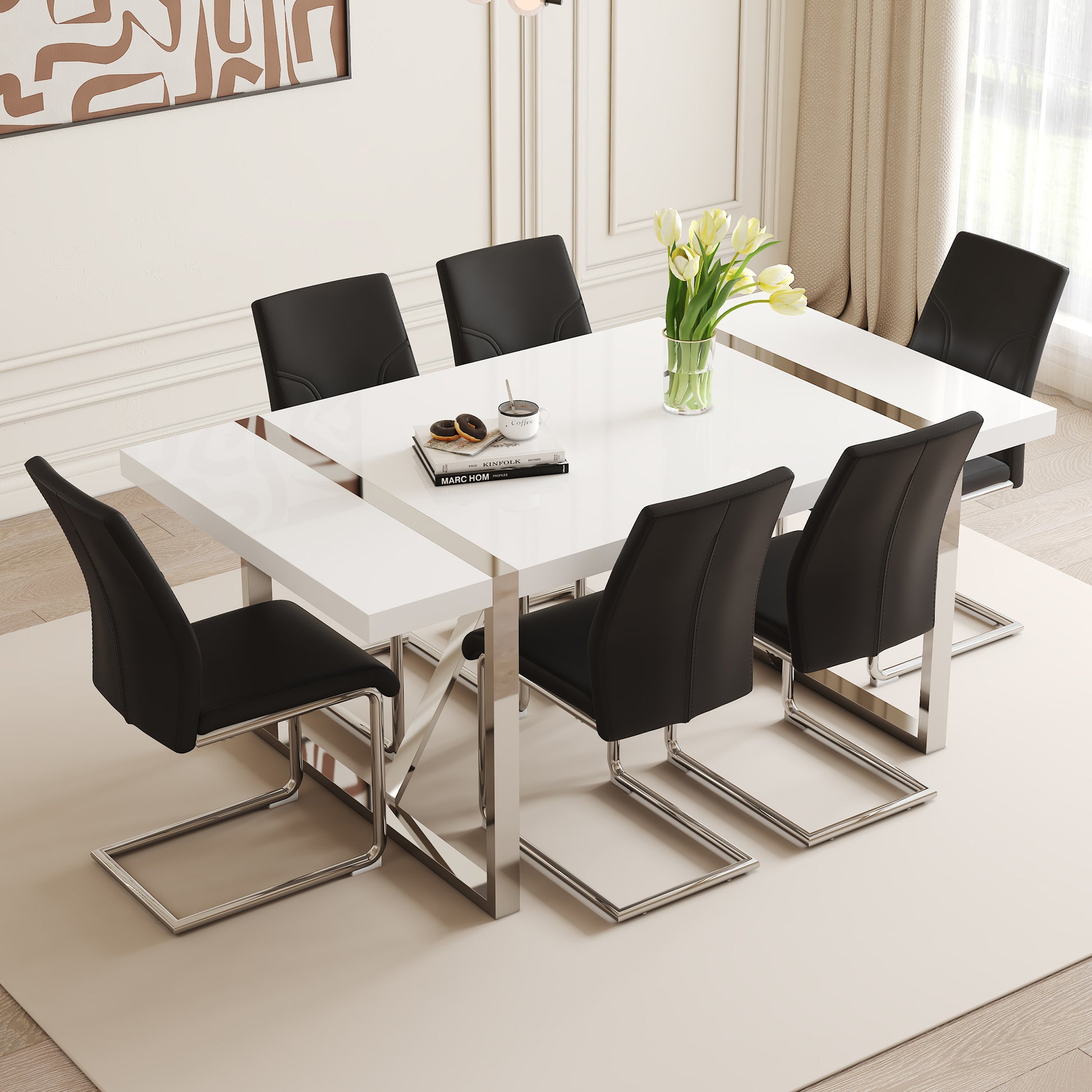 Table And Chair Set.71"X39.3" White Mdf Painting Dining Table Set With 6 Black Pu Chairs.Showcasing A Modern And Stylish Look.Suitable For Dining Room.Mdf Painting,Iron Pipe Plating,Pu Chiairs.