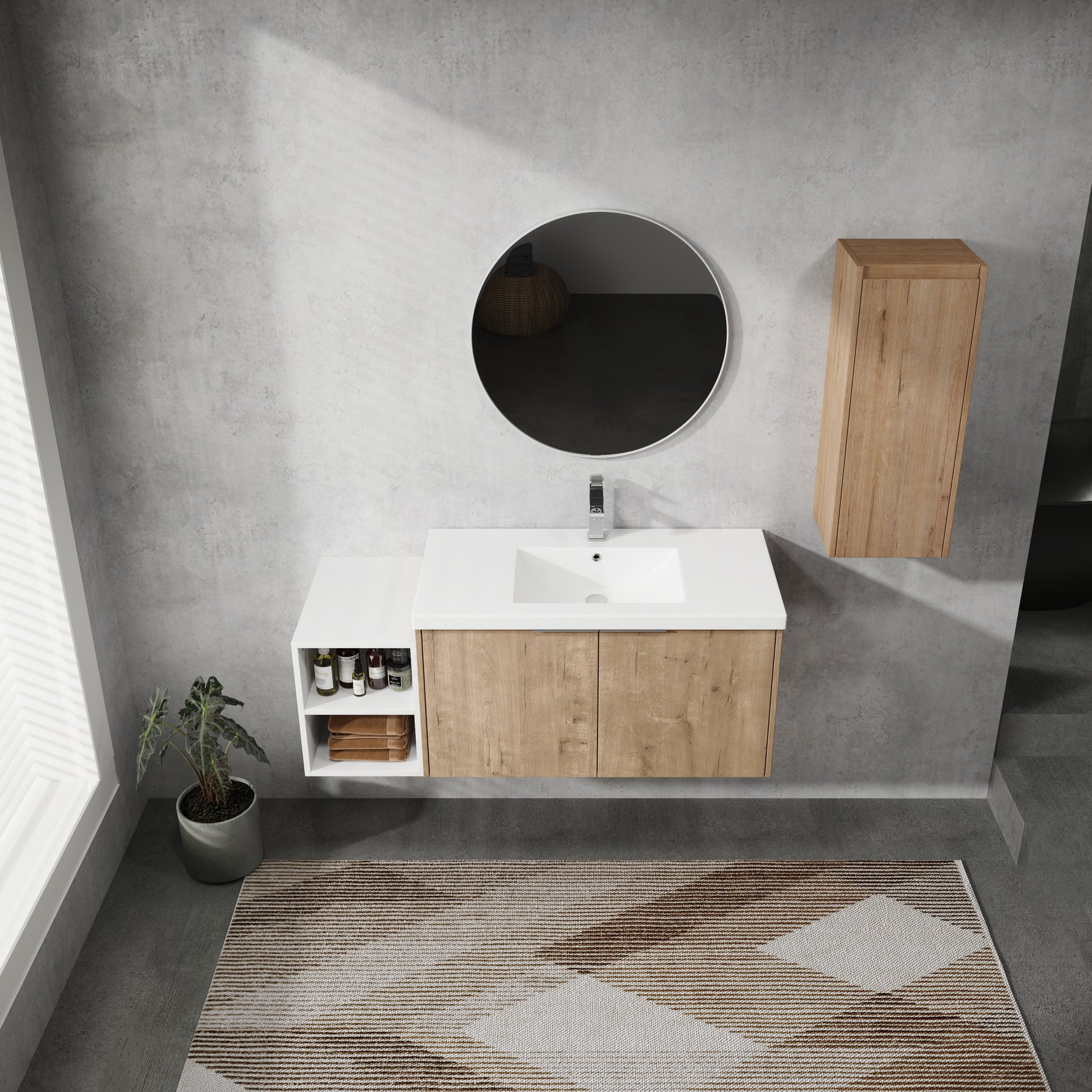 48" Wall Mounted Bathroom Vanity With Sink And Side Cabinet, Soft Close Doors,00112Imo 0636Imo 0612Gwh Combination Cabinet Kd Packing Imitative Oak Bathroom Modern Plywood Plywood