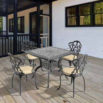 Cushions In Random Colors 5 Piece Set Of Cast Aluminum Patio Furniture With Cushions Yes Dining Set Black Seats 4 Rust Resistant Frame Water Resistant Cushion Garden & Outdoor Complete Patio Sets Aluminium