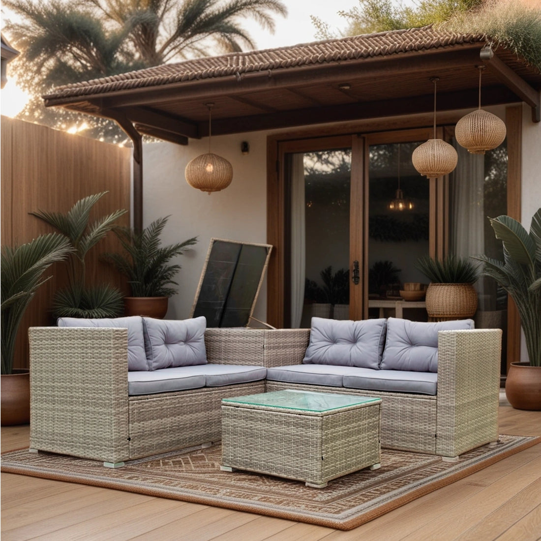 4 Piece Patio Sectional Wicker Rattan Outdoor Furniture Sofa Set With Storage Box Grey Yes Sectional Grey Rust Resistant Frame Mildew Resistant Cushion Garden & Outdoor Modern Complete Patio Sets Fiber Foam And Polyester Fiber Pad Rattan