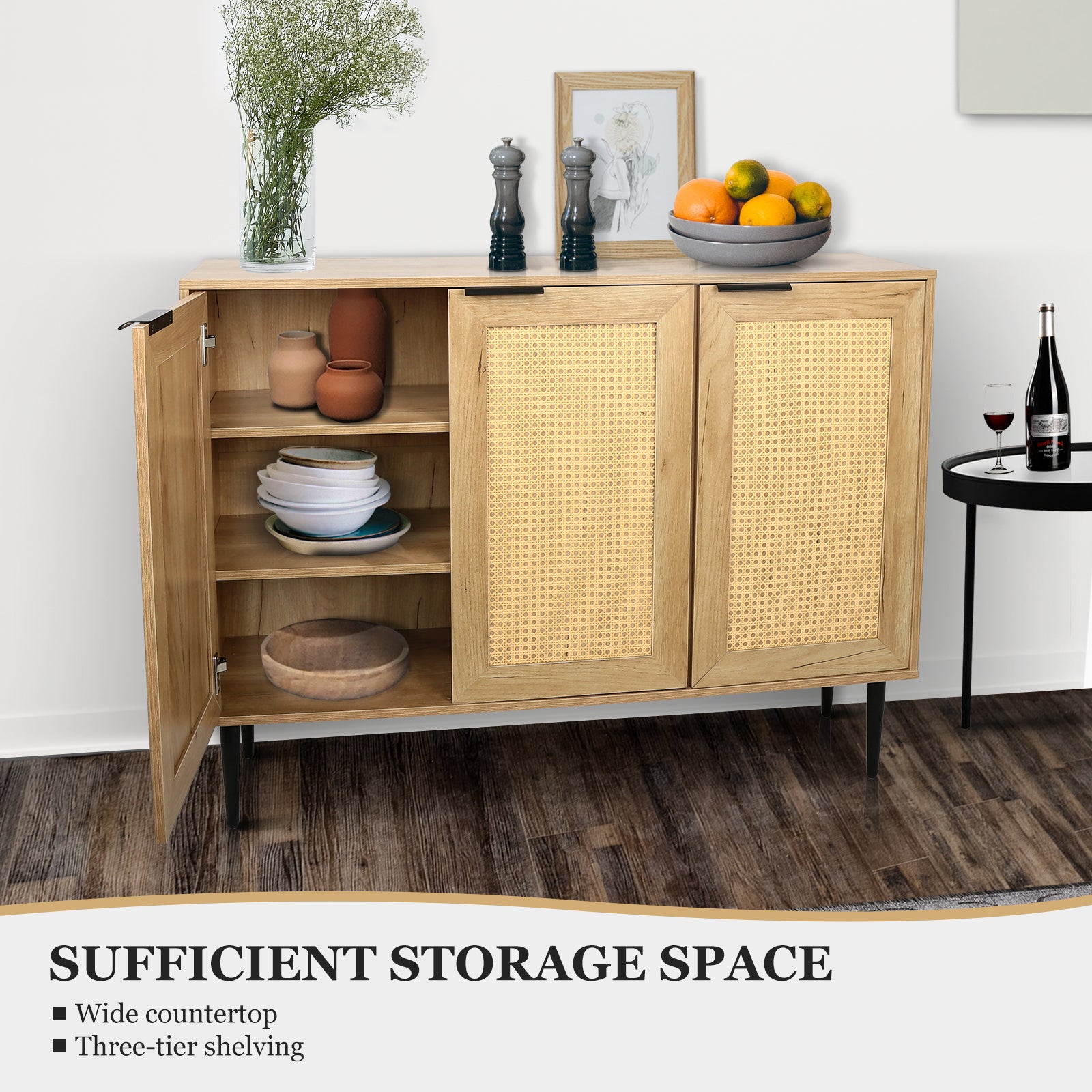 47.24 '' Wide Elegant Kitchen Buffet Storage Cabinet With 3 Rattan Doors For Bedroom Living Room Kitchen Cupboard Wooden Furniture With 3 Tier Shelving ,Natural Color Natural Particle Board