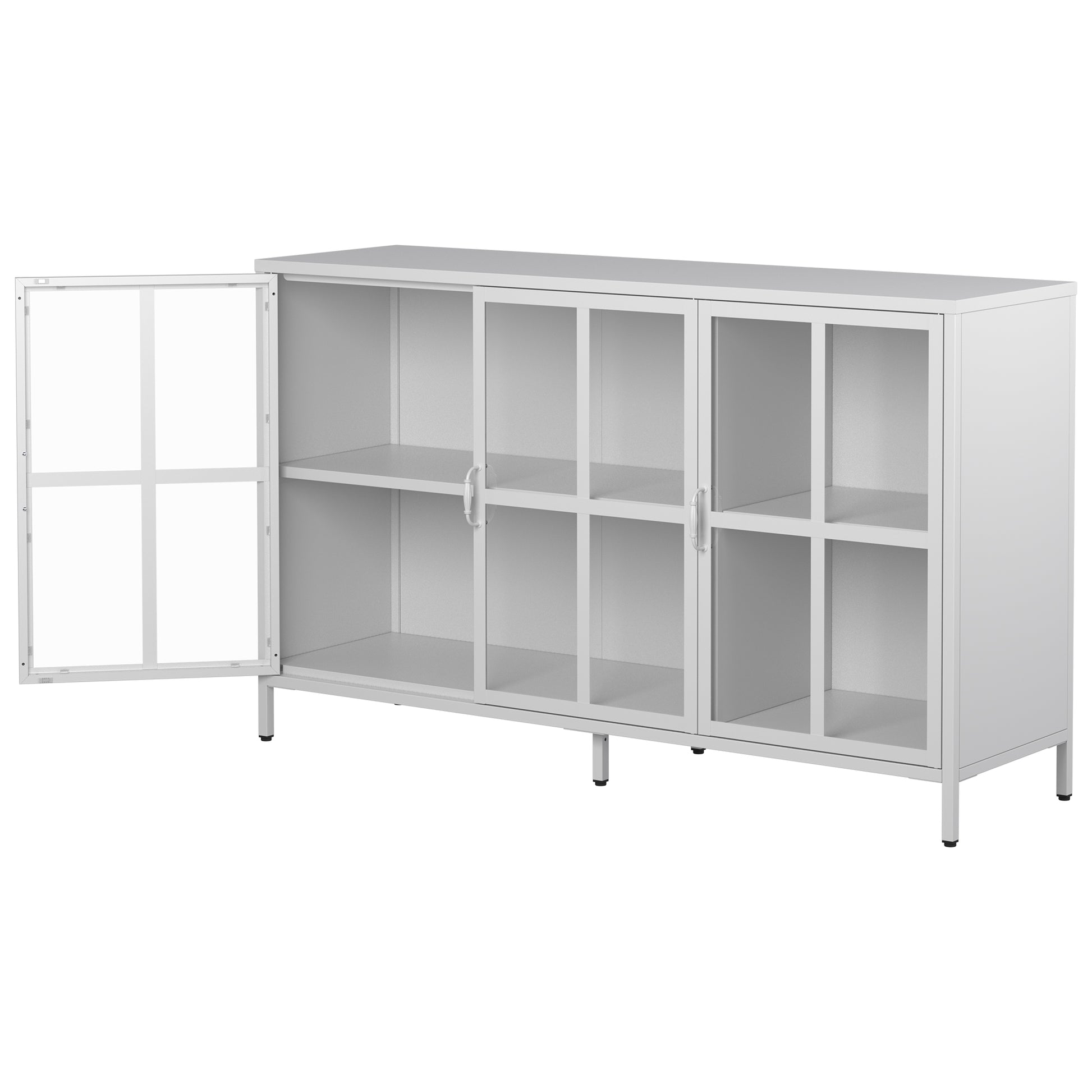 Heavy Duty Metal Modern Sideboard Buffet Cabinet With Storage Premium Steel Storage Cabinet ,Adjustable Feet,Glass Doors,Large Capacity Organizer Accent Chests 3 4 Spaces Antique White Primary Living Space Glass Doors Modern Metal Metal