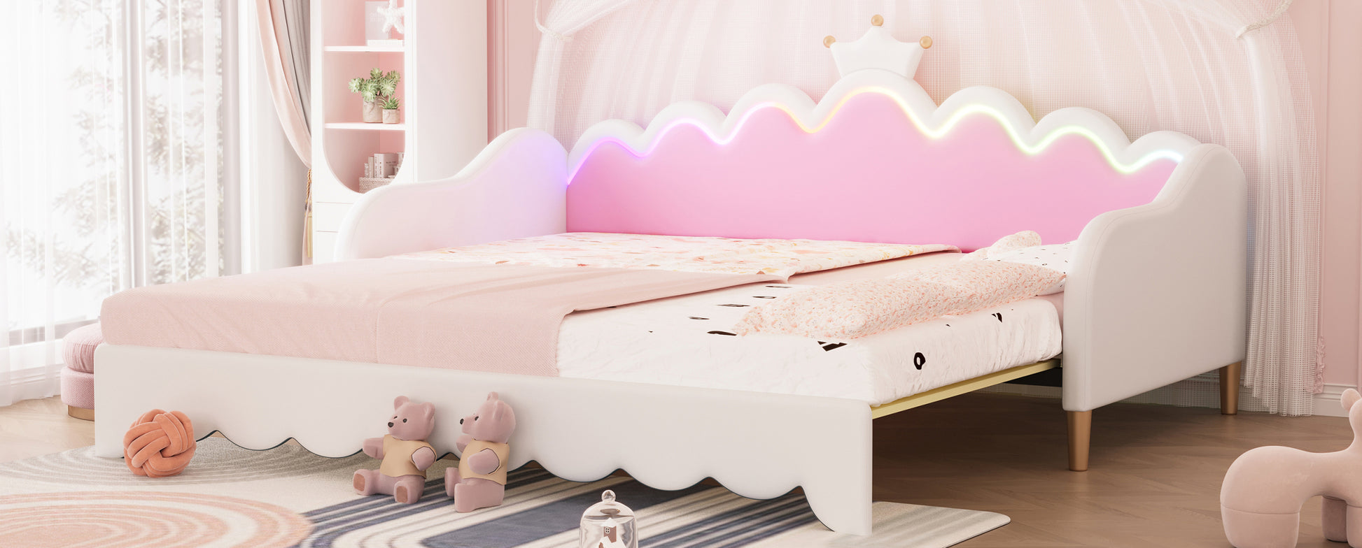 Twin Extending Daybed With Led Lights, Modern Upholstered Princess Daybed With Crown Headboard,White Twin White Wood
