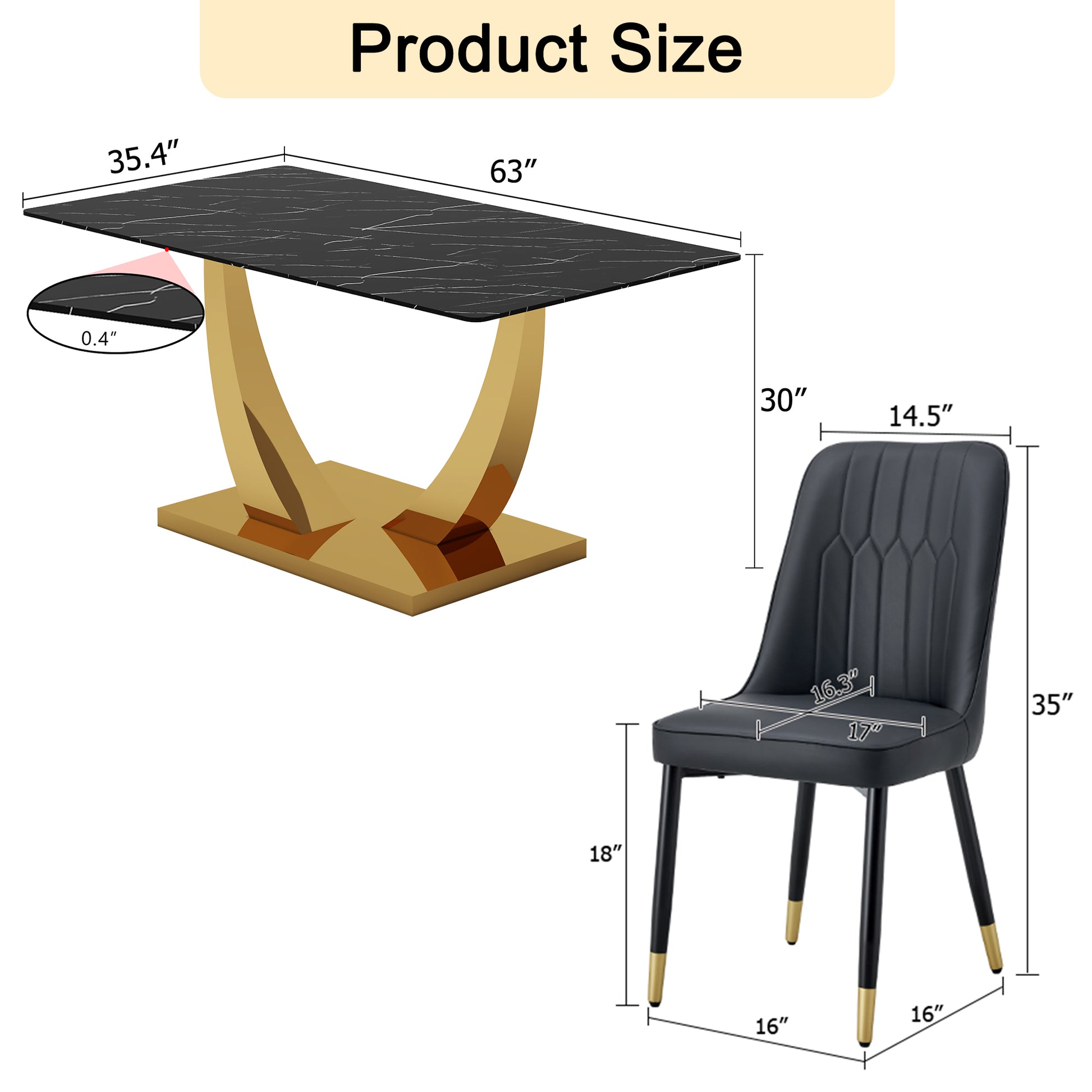 Table And Chair Set.Modern Rectangular Dining Table With Black Textured Stickers Glass Tabletop And Gold Plated Metal Legs.Paried With 4 Comfortable Chairs With Pu Seats And Black Metal Legs. Black Gold Seats 4 Glass Metal