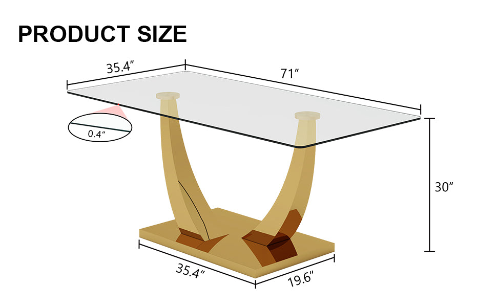 Modern Simple Rectangular Dining Table With Clear Glass Top And Smooth Gold Legs. Suitable For Kitchen, Dining Room And Living Room. Golden Glass