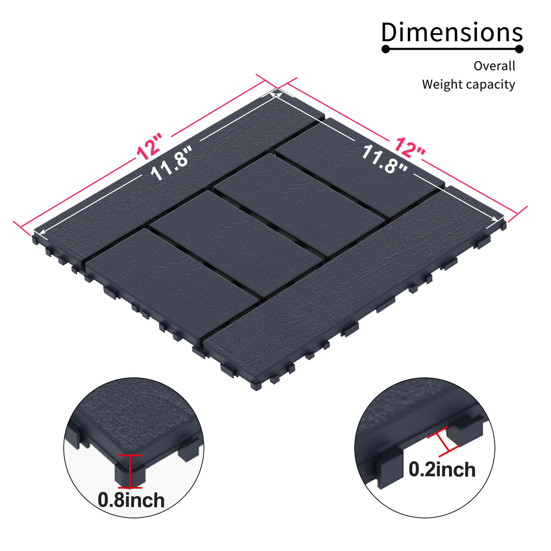 H Style 12" Patio Deck Tiles, Diy Module Interlocking Decking Tiles Floor Tile,Easy And Quick Installation Court Tiles For Porch Poolside Balcony Backyard 44Pcs Dark Gray Grey Polypropylene