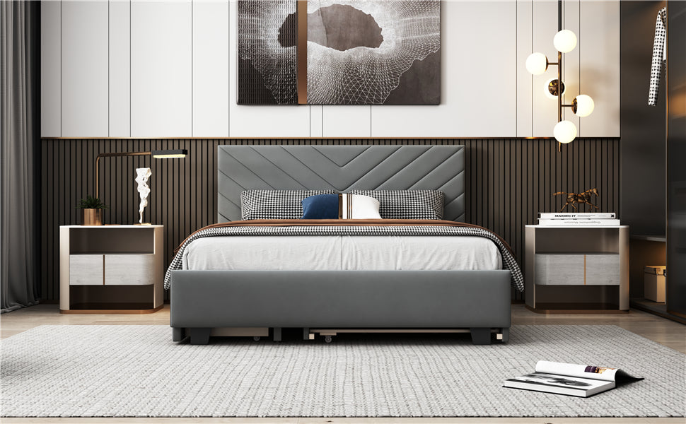 Queen Size Upholstered Platform Bed With Twill Headboard, Pullout Bed And Two Drawers, Flannel,Gray Queen Gray Mdf Lvl