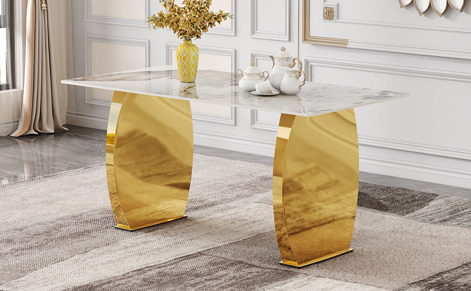 Modern Rectangular Table With Marble Patterned Rock Slab Tabletop, Paired With Stainless Steel Gold Plated Table Legs, Suitable For Kitchen, Dining Room, And Living Room 63 Inches * 31.4 Inches. Gold Sintered Stone