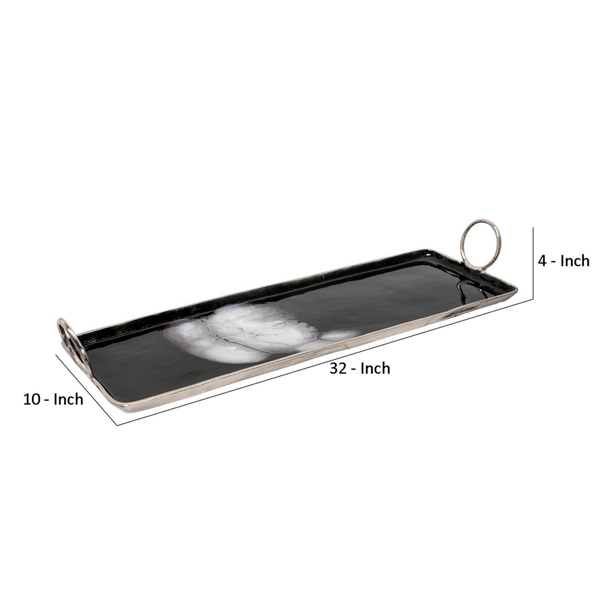 Tray With Metal And Ring Handles, Black And Silver Black Silver Metal