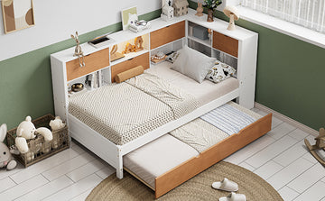 L Shaped Bed Frame With Trundle And And Bookcase,Corner Bed Wooden Captain Bed With Led Downlight And Usb Port For Small Room,Bedroom, Guest Room, Twin Size, Walnut And White Box Spring Not Required Twin White Walnut Wood Bedroom Modern Pine Bed Frame