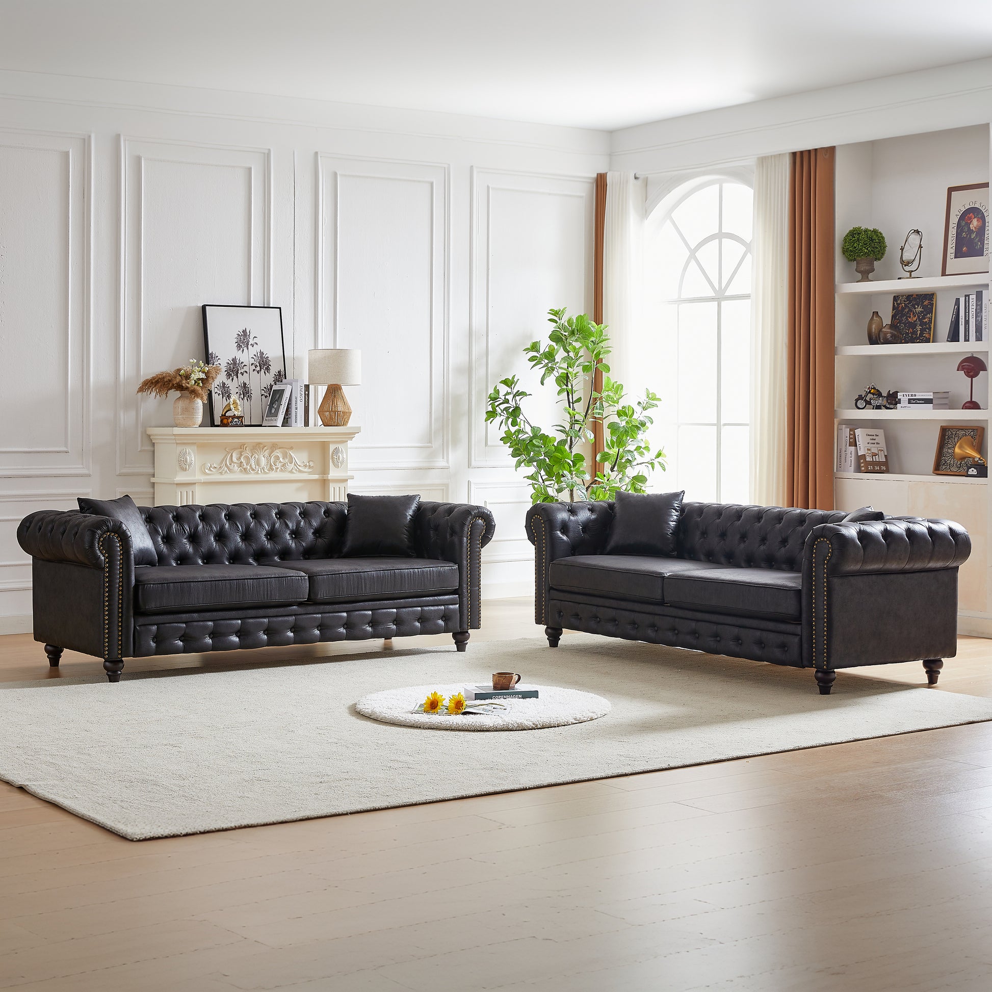 Fx 3 Seats 3 Seats Combo Sofa Modern Living Room Sofa With Solid Wood Frame And Wooden Feet, 4 Cushions, Apartment Sofa Furniture For Living Room, Living Room, Office Black Wood Pine Foam Fabric 6 Seat
