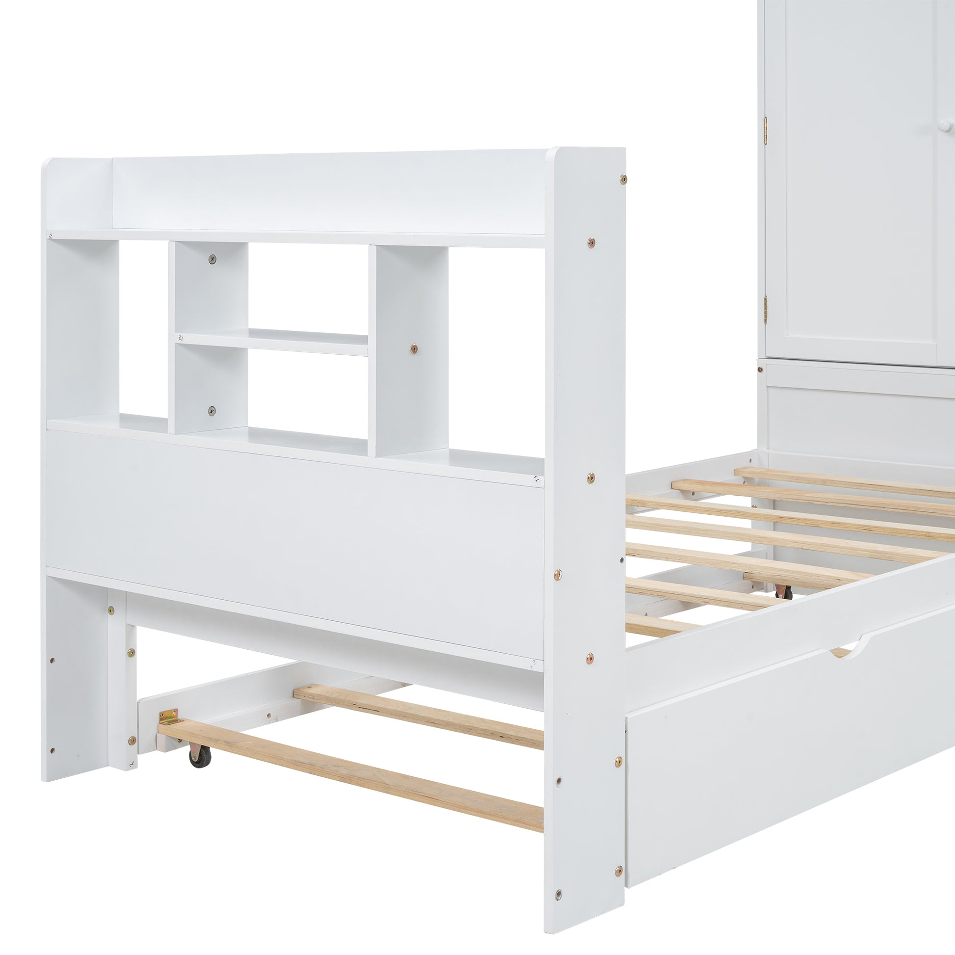 Twin Size Platform Bed With Storage Headboard And Footboard, Pull Out Shelves And Twin Size Trundle, White Box Spring Not Required Twin White Wood Bedroom Bed Frame Solid Wood Mdf
