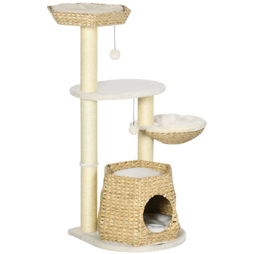 Pawhut 47" Cat Tree Kitty Activity Center, Cat Climbing Toy With Cattail Fluff, Bed, Condo, Sisal Scratching Post, And Hanging Ball, Natural Natural Wood Particle Board