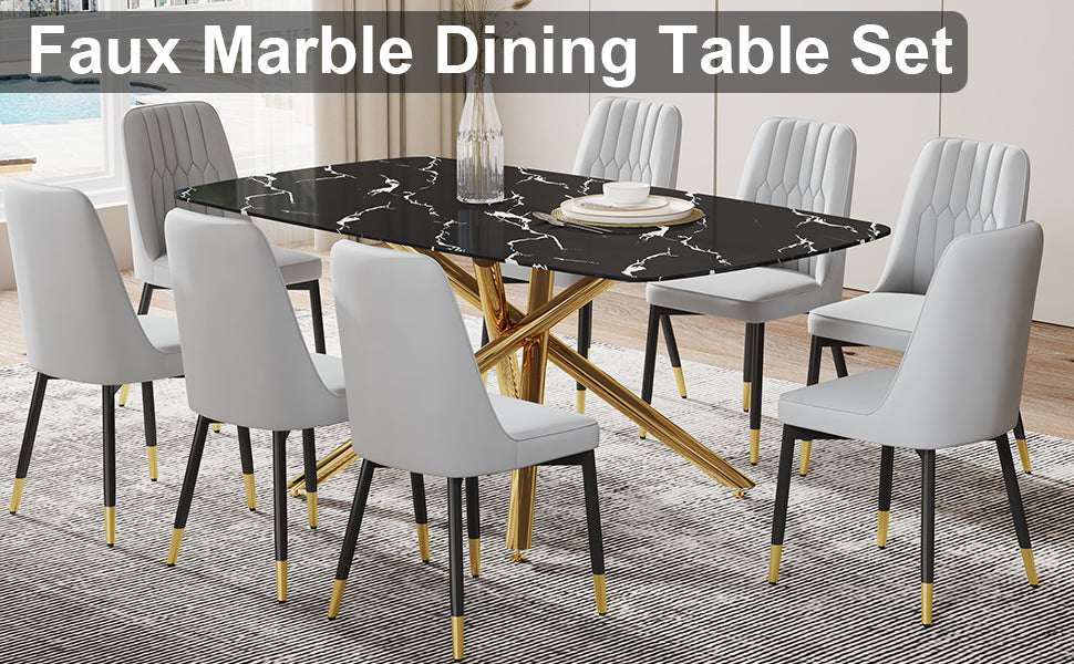 Large Modern Minimalist Rectangular Dining Table With 0.39 "Imitation Marble Black Tabletop And Golden Metal Legs, Paired With Chairs With Pu Cushions And Black Metal Legs. F 1537 C 007 Black Gold Glass Metal