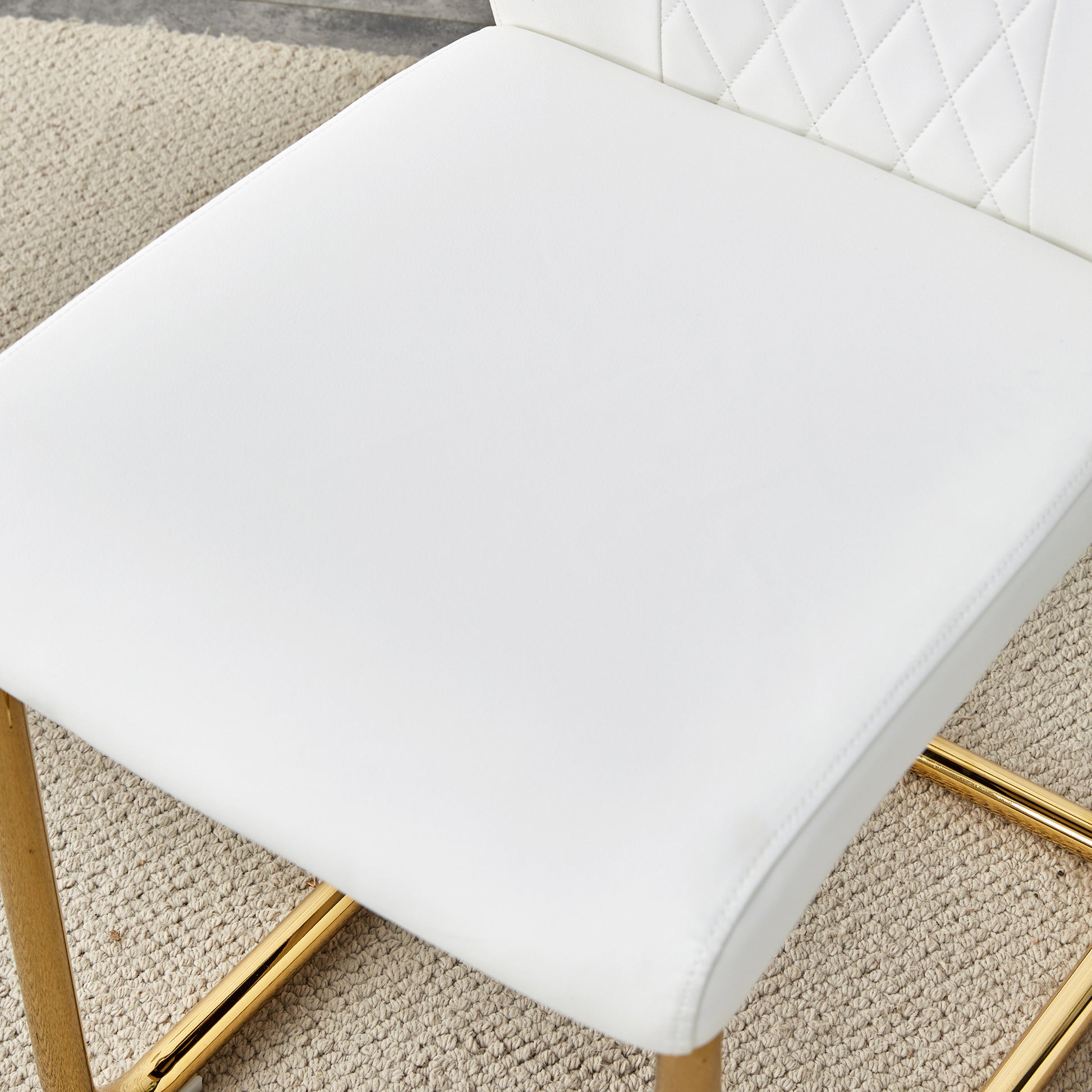 Table And Chair Set.Large Modern Rectangular Table With 0.4 Inch Patterned Glass Tabletop And Large Mdf Table Legs.Comes With 6 Chairs With Faux Leather Cushioned Seats And Golden Metal Legs. Gold White Seats 6 Mdf Glass