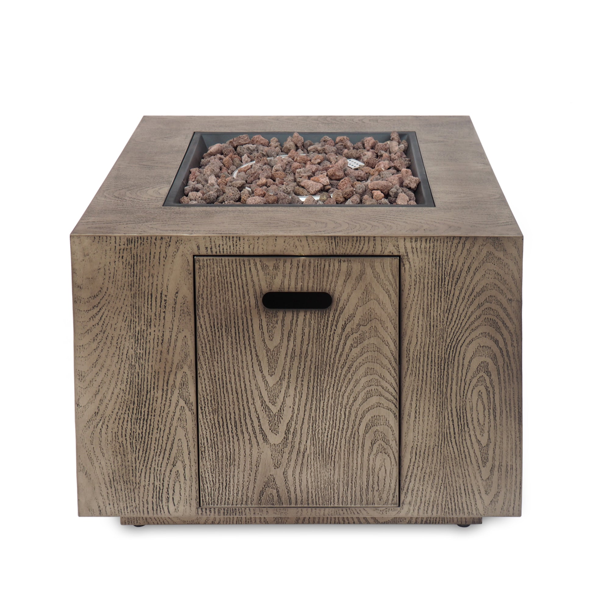 Outdoor Patio Gas Burning Fire Pit 50, 000 Btu Tank Inside, Square, Iron Wood Pattern, Brown Wood Iron