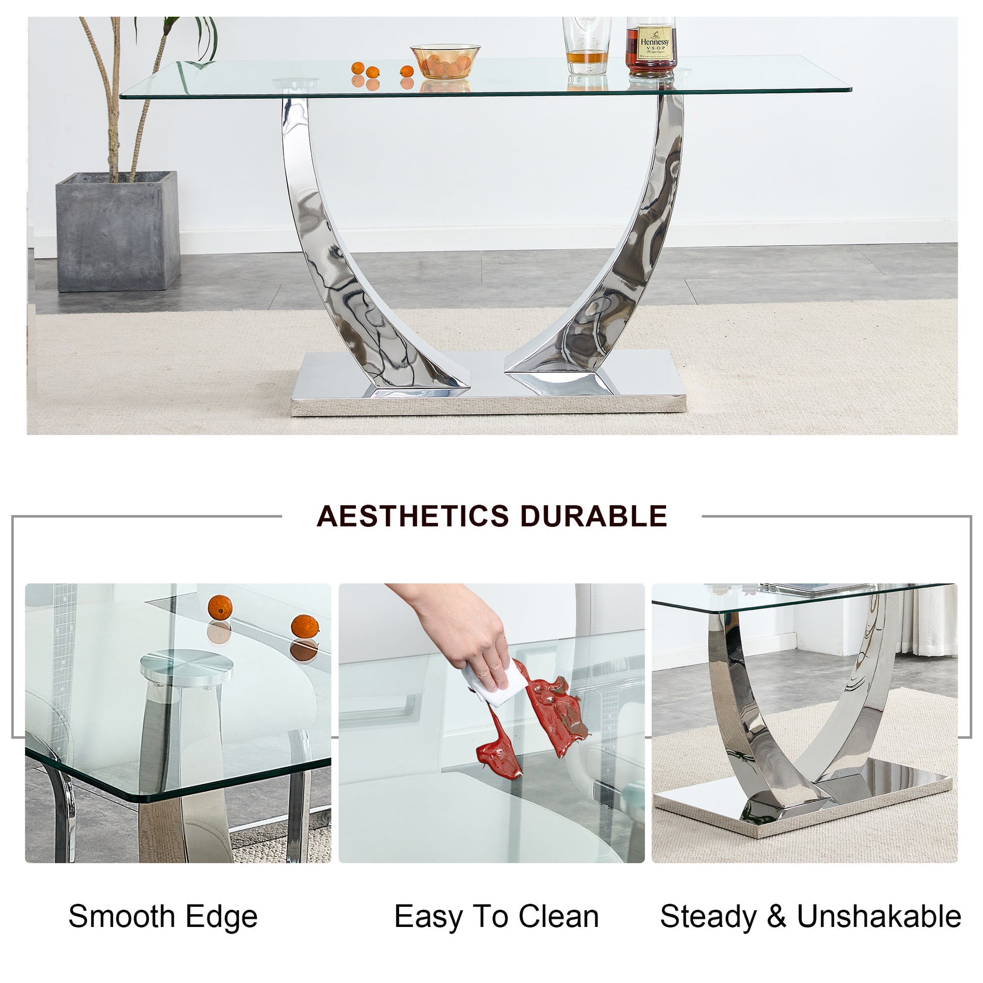 Table And Chair Set.Contemporary, Minimalist Rectangular Dining Table Featuring A Clear Tempered Glass Top And Sleek Silver Legs. Paried With Chairs Made Of Pu Material Cushion And Silver Metal Legs. Light Gray Seats 6 Glass Metal