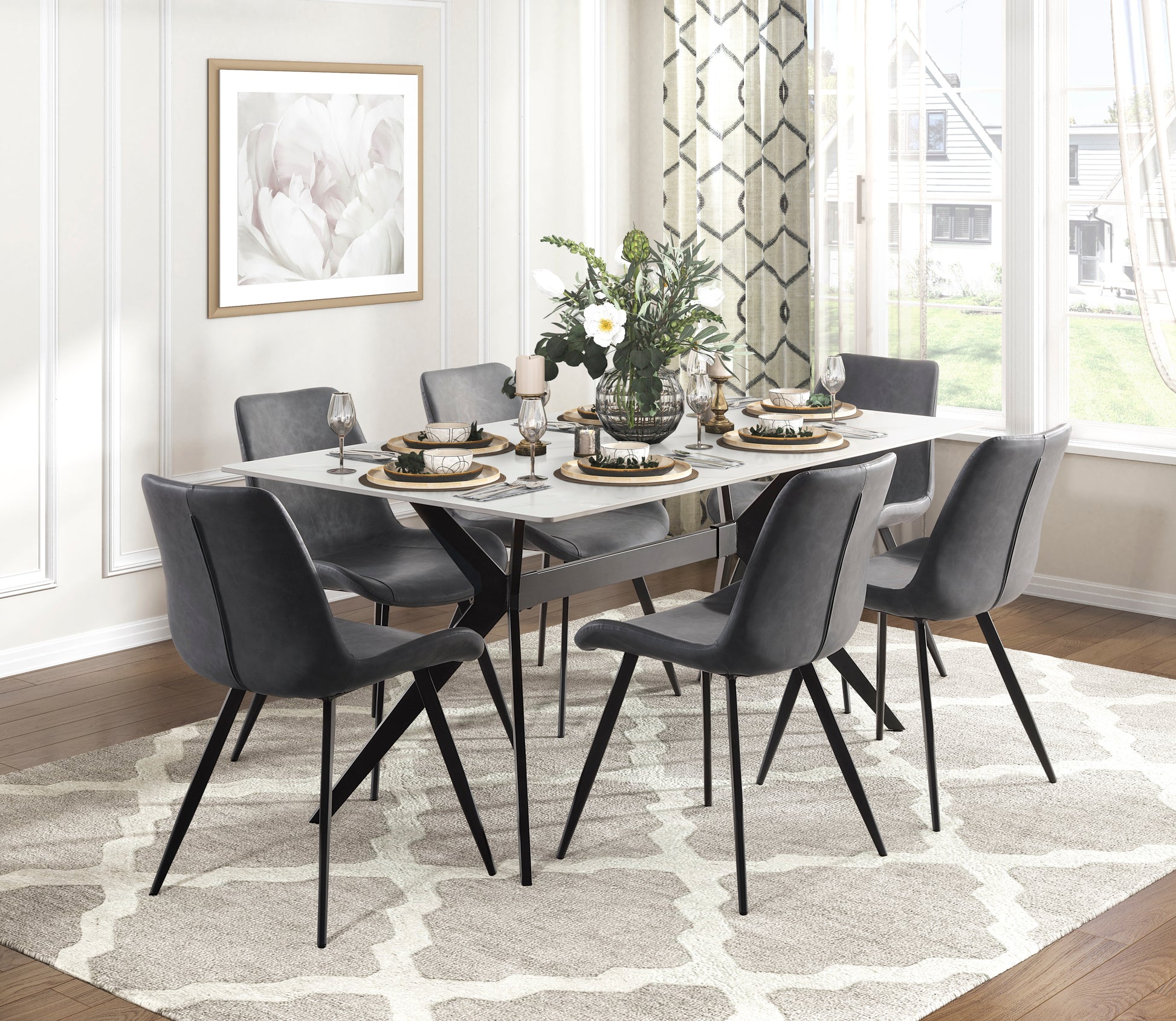 Modern Design Dining Chairs 2Pc Set Gray Faux Leather Upholstery Black Metal Legs Kitchen Dining Furniture Gray Dining Room Modern Side Chair Metal