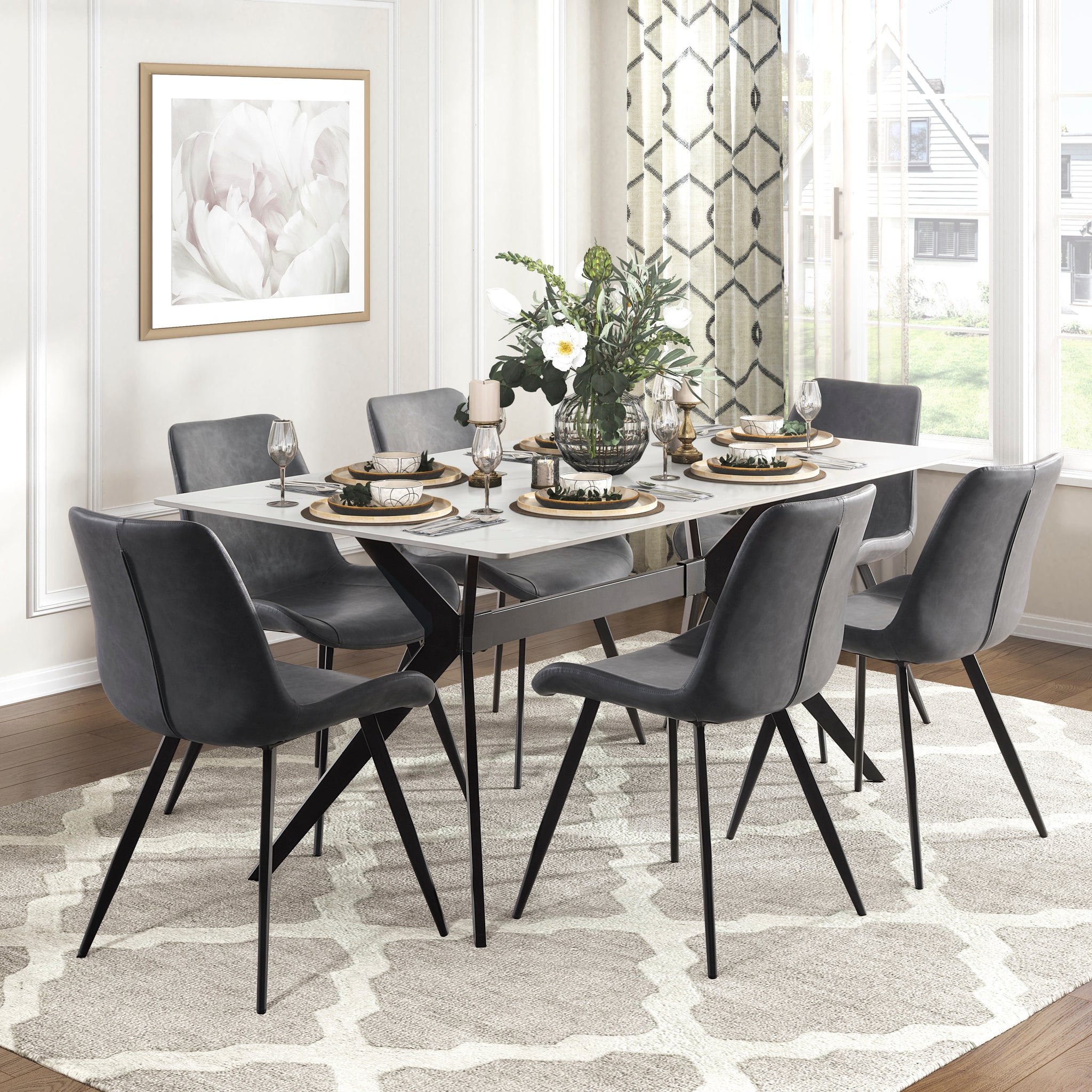 Modern 7Pc Dining Table Set With 6X Chairs Gray Upholstered Sintered Stone Tabletop Black Metal Legs Kitchen Dining Furniture Gray Seats 6 Dining Room Contemporary,Modern Rectangular Dining Table