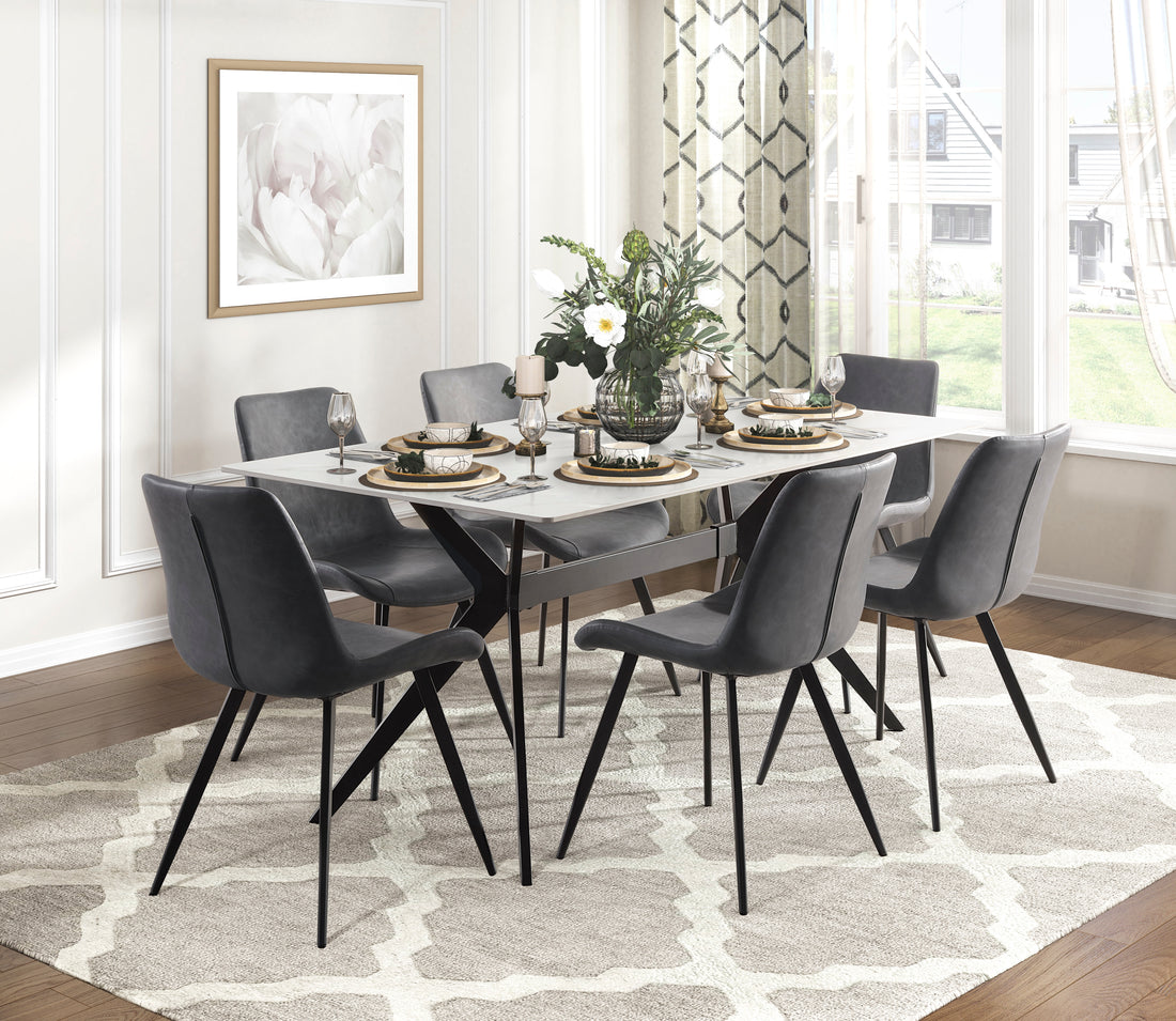 Modern 7Pc Dining Table Set With 6X Chairs Gray Upholstered Sintered Stone Tabletop Black Metal Legs Kitchen Dining Furniture Gray Seats 6 Dining Room Contemporary,Modern Rectangular Dining Table